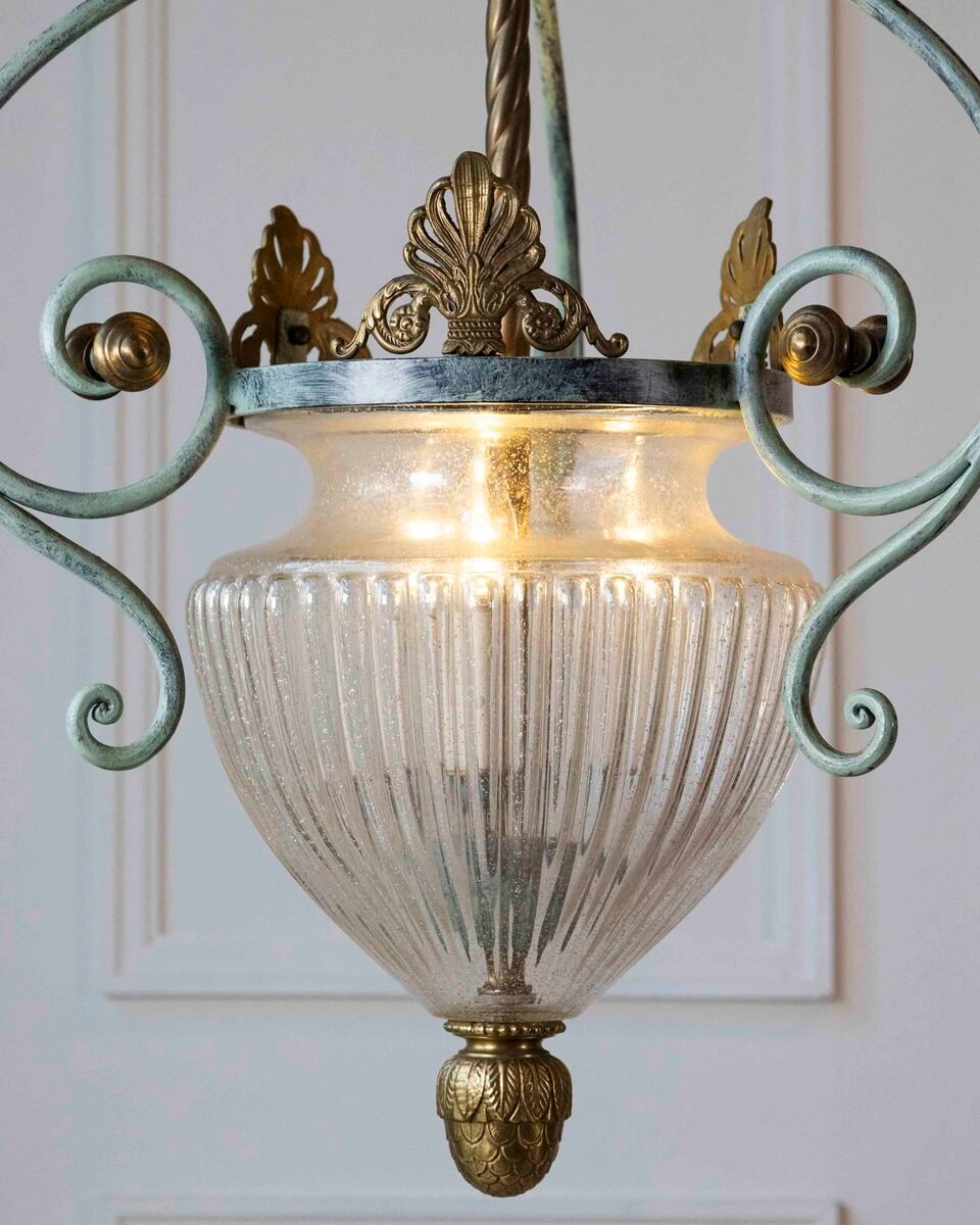 On Hold - Vintage Green Painted Wrought Iron Lantern with Blown Glass Bowl - JAA