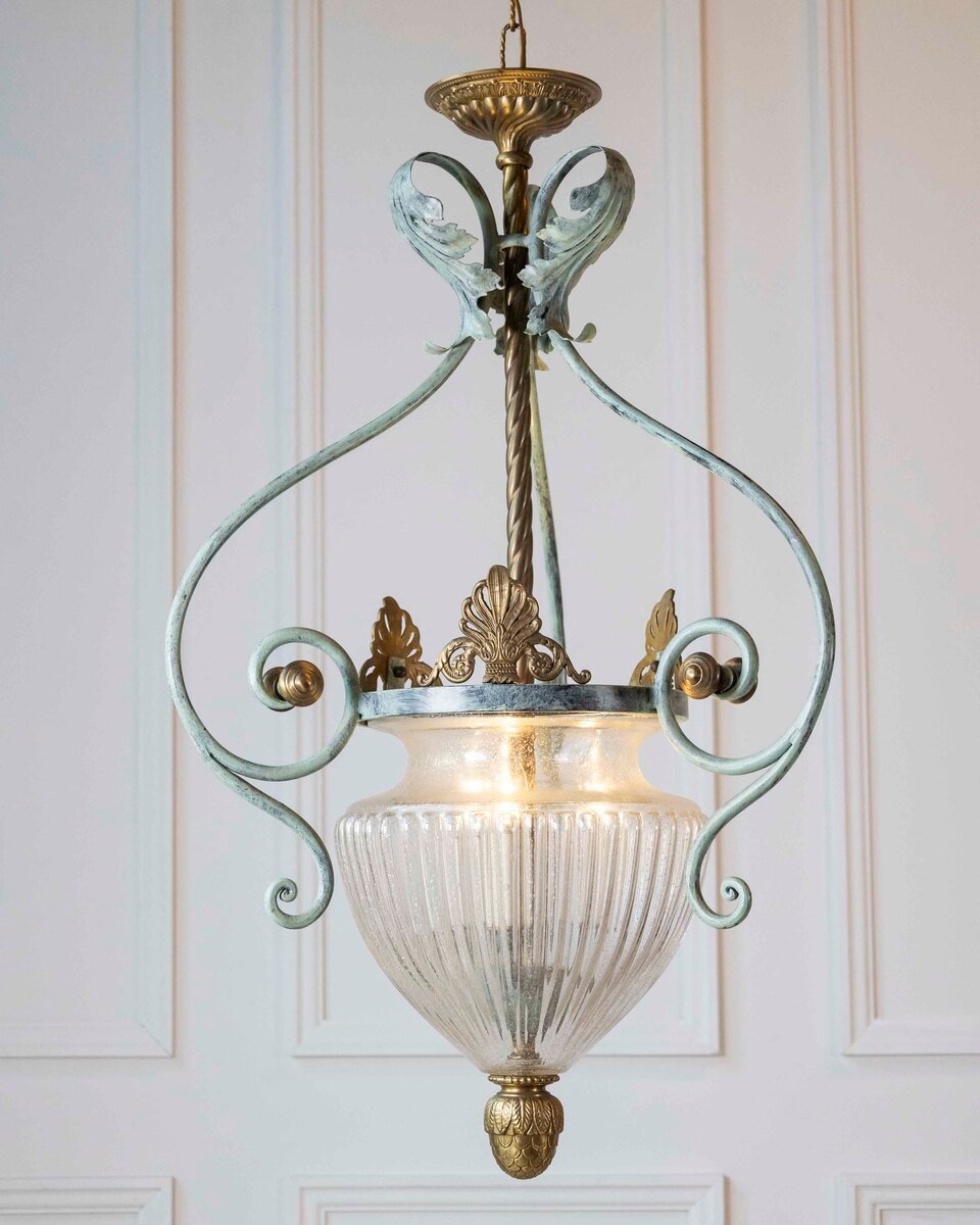 On Hold - Vintage Green Painted Wrought Iron Lantern with Blown Glass Bowl - JAA