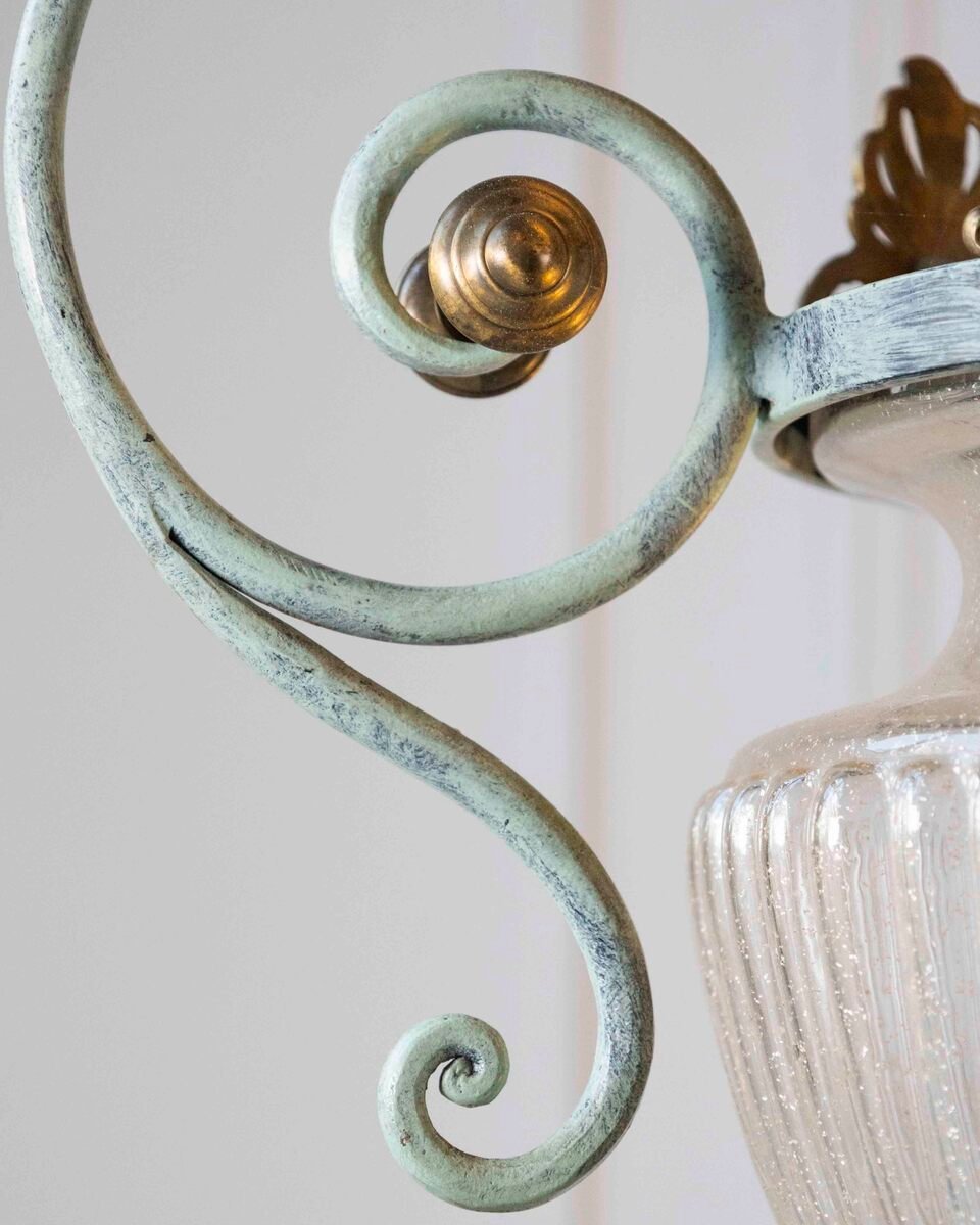 On Hold - Vintage Green Painted Wrought Iron Lantern with Blown Glass Bowl - JAA