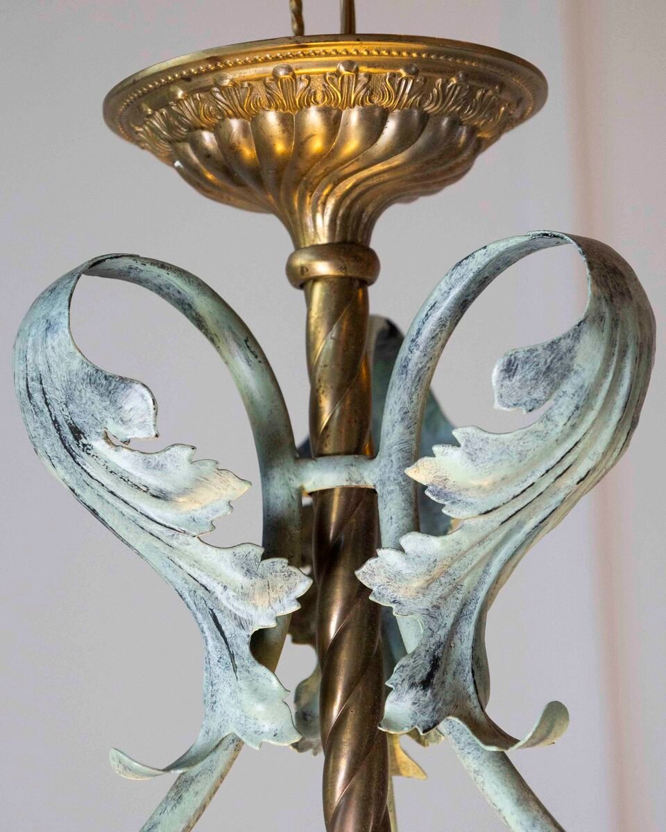 On Hold - Vintage Green Painted Wrought Iron Lantern with Blown Glass Bowl - JAA