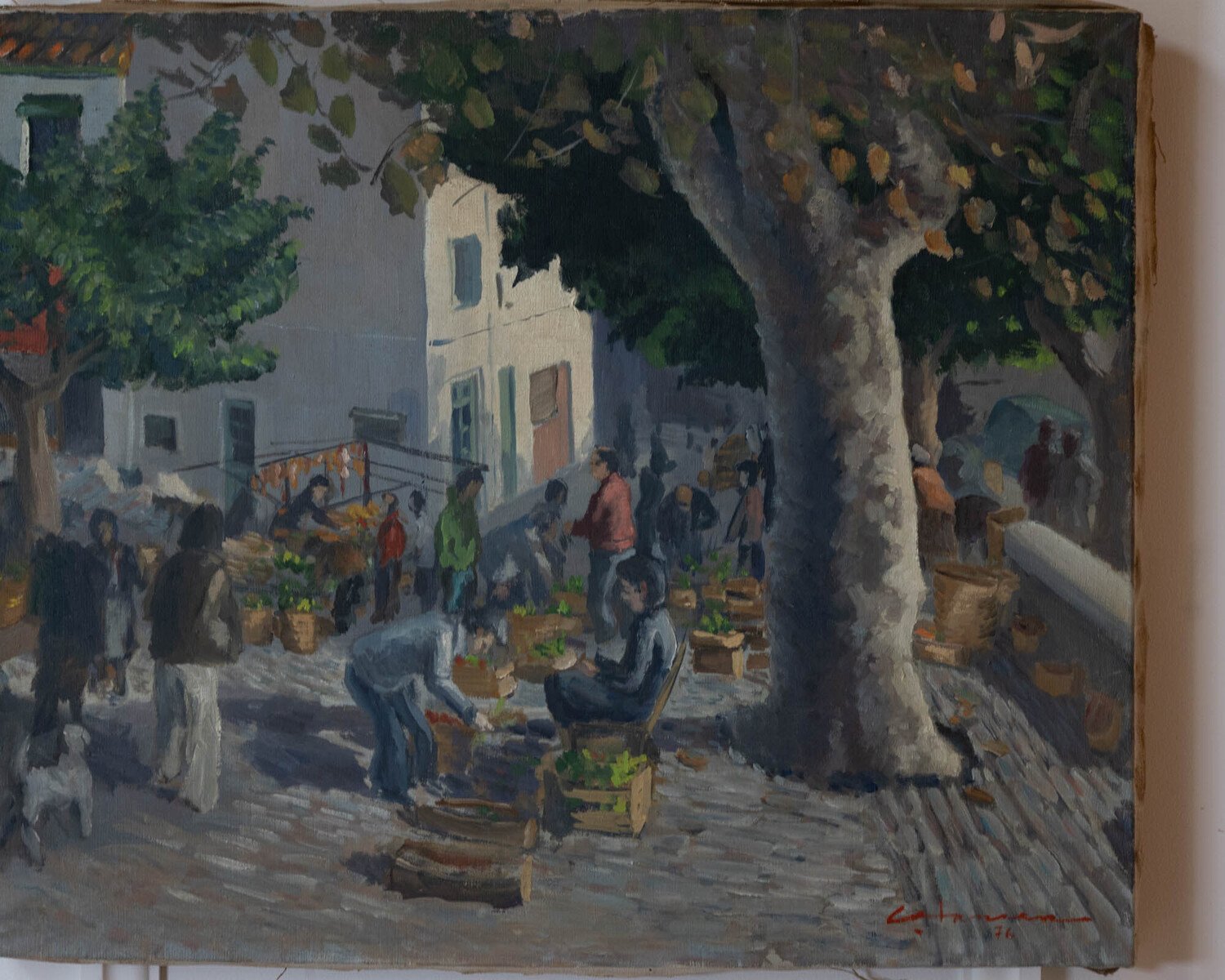 Flower Market Under the Plane Trees, Oil on Canvas, Dated 1976 - JAA
