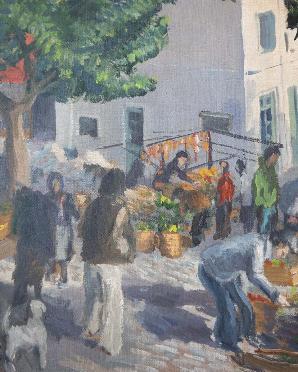 Flower Market Under the Plane Trees, Oil on Canvas, Dated 1976 - JAA