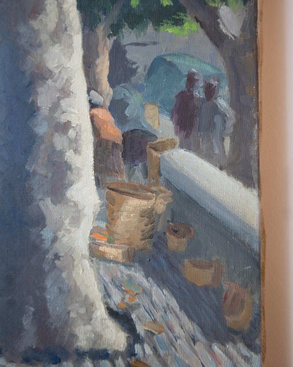 Flower Market Under the Plane Trees, Oil on Canvas, Dated 1976 - JAA
