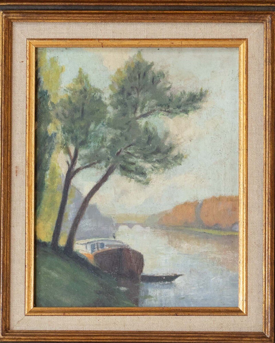 River Barge, Oil on Board, French School, 20th Century - JAA