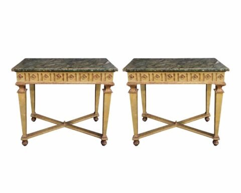 Pair of Louis XVI Green Lacquered and Mecca Gilt Consoles with Faux Marble Tops