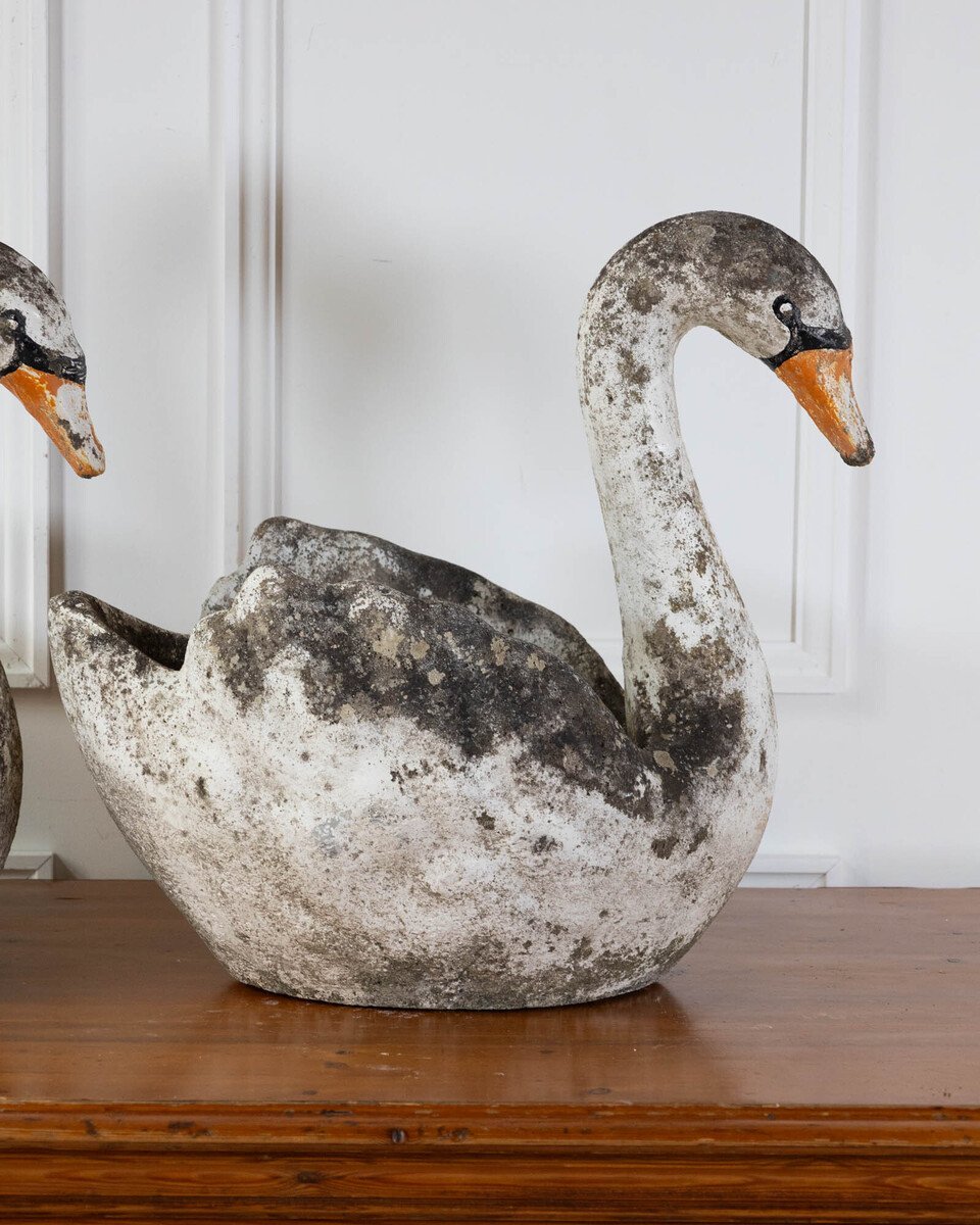 Pair of English Cast Stone Swan Planters, circa 1950 - JAA