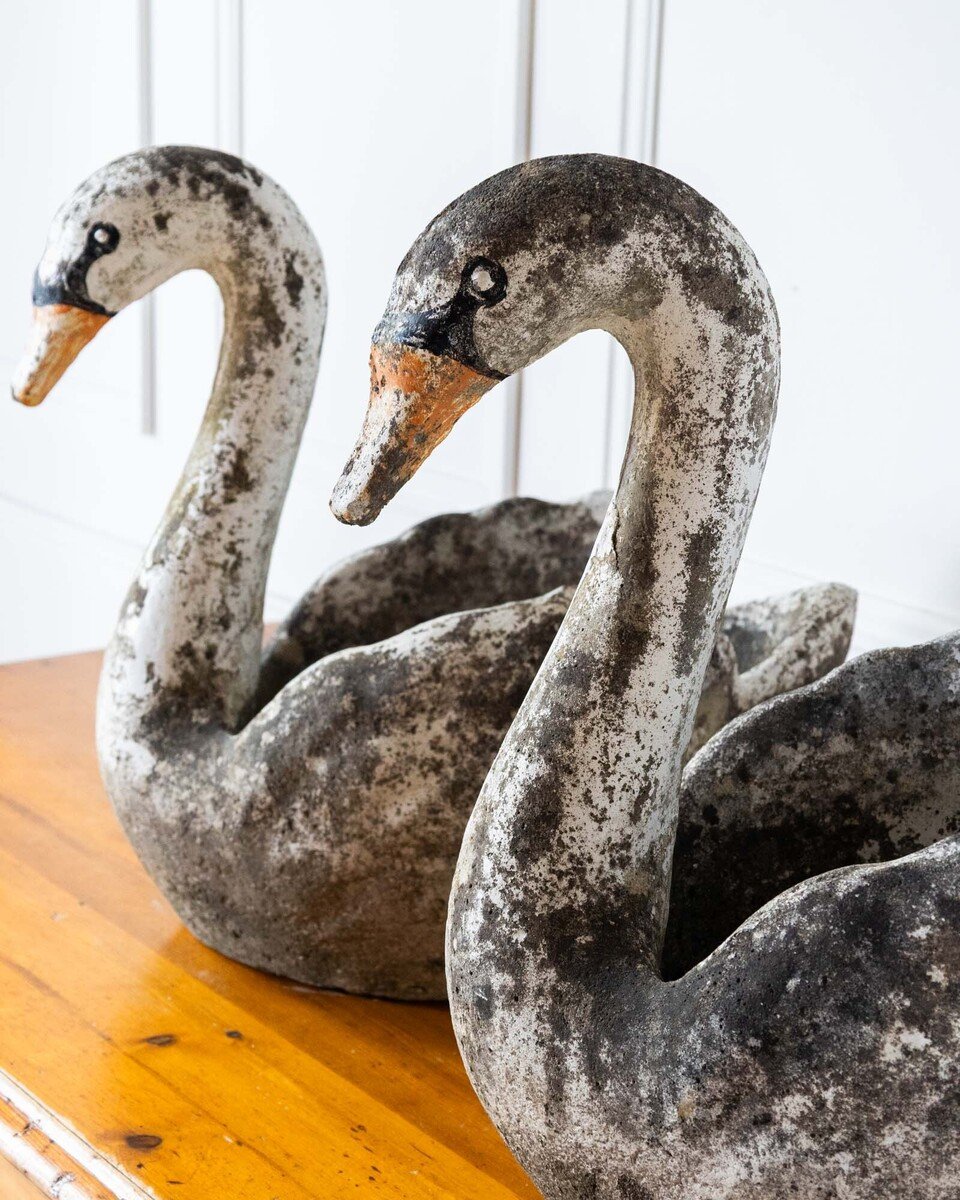 Pair of English Cast Stone Swan Planters, circa 1950 - JAA
