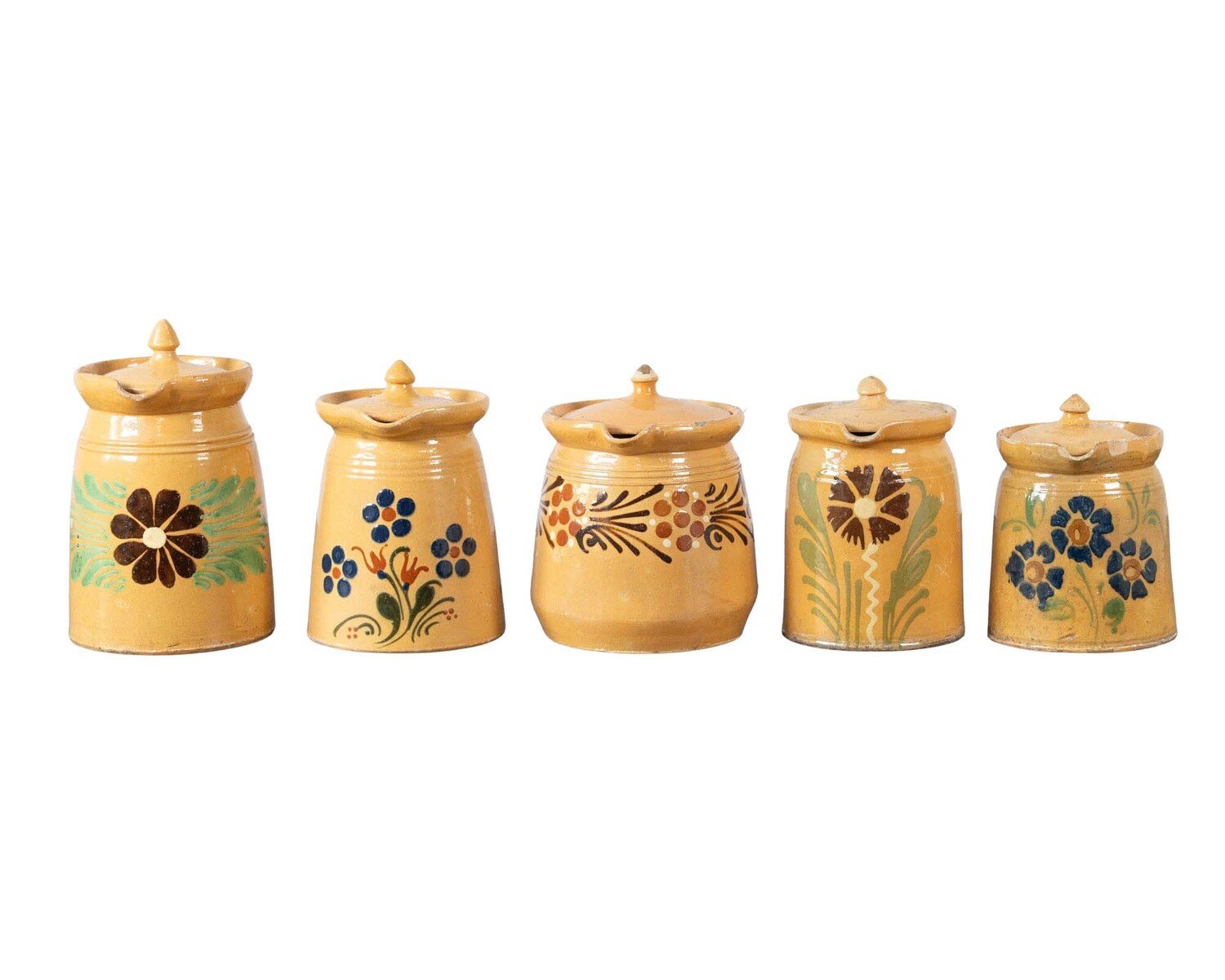 19th century French Glazed terracotta with hand-painted floral decoration and fitted lids.