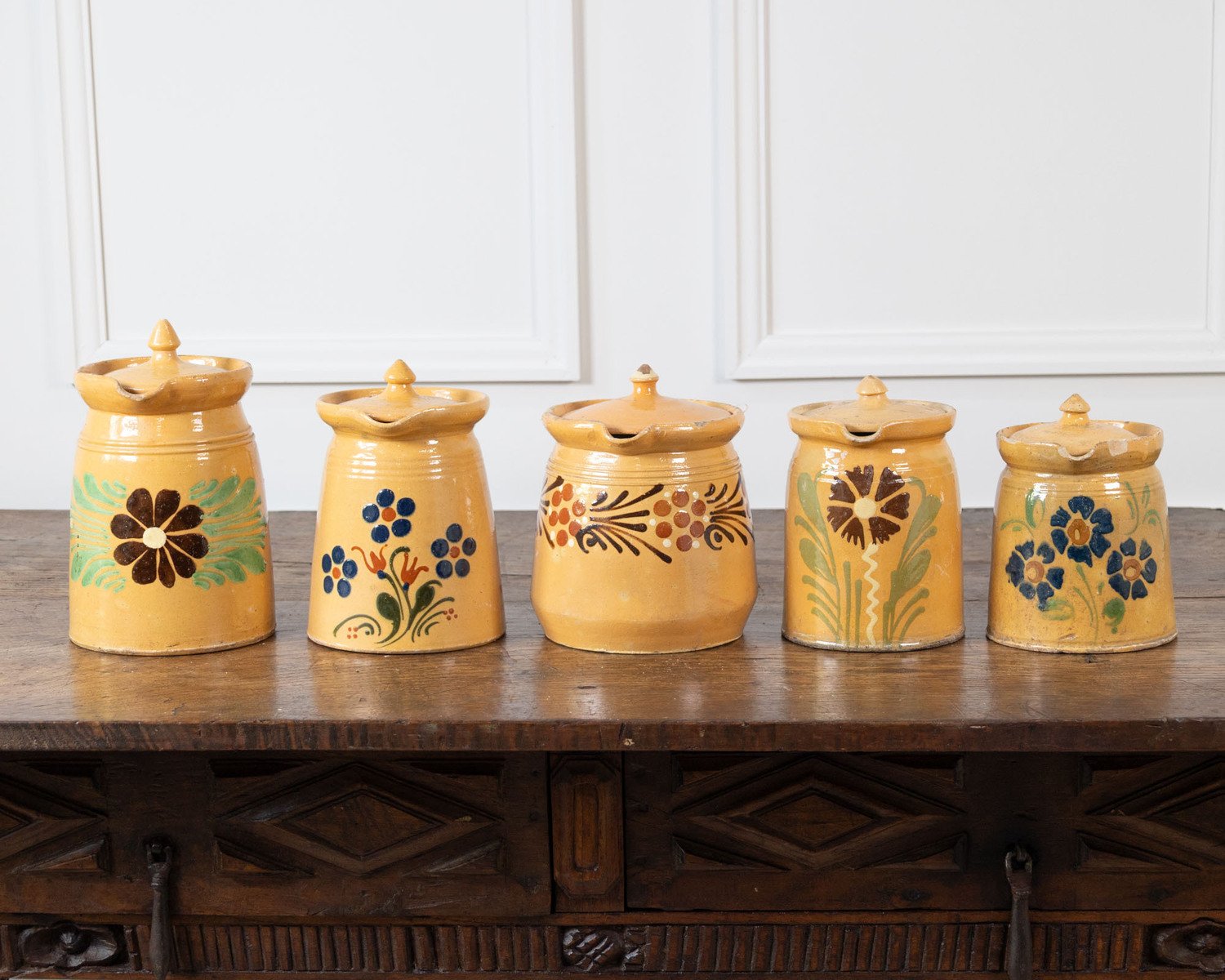 19th century French Glazed terracotta with hand-painted floral decoration and fitted lids. - JAA