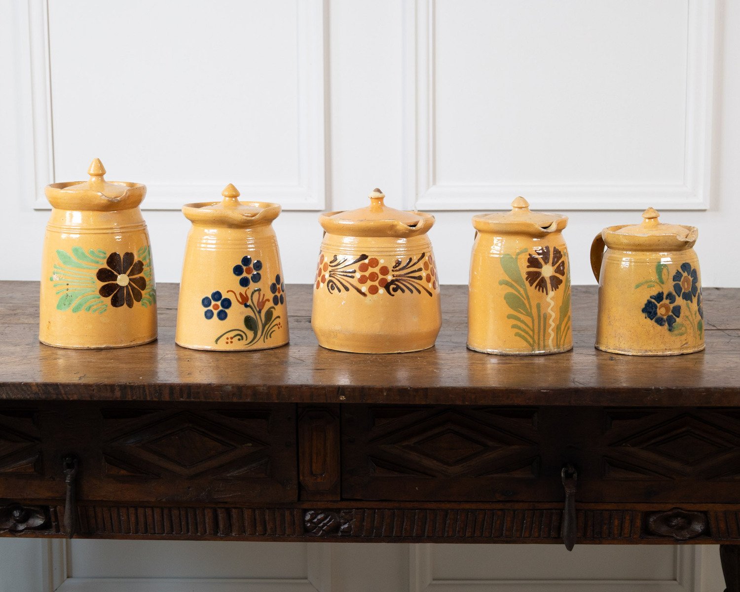 19th century French Glazed terracotta with hand-painted floral decoration and fitted lids. - JAA
