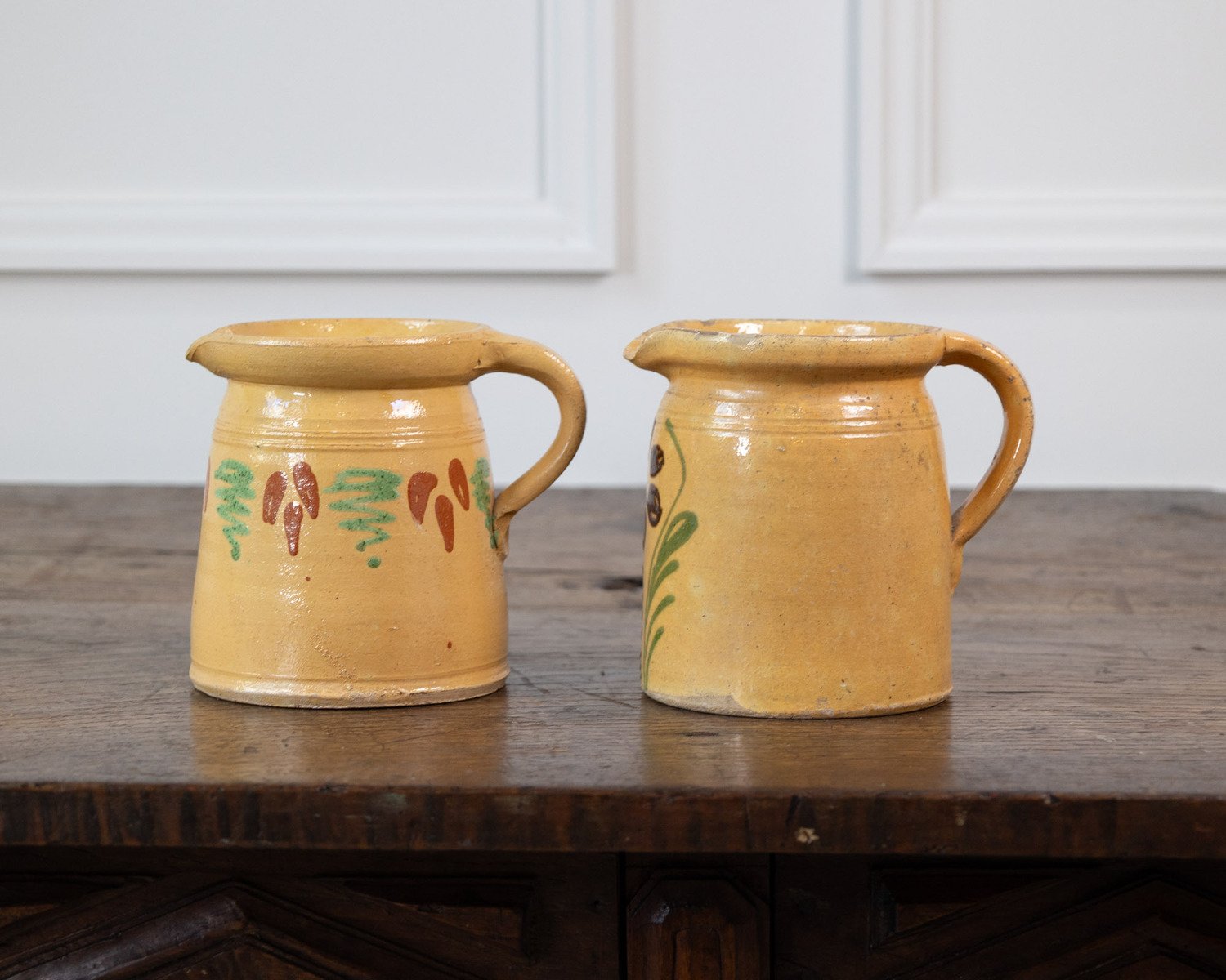 French 19th Century Terracotta Pottery Pitchers with Floral Décor - JAA