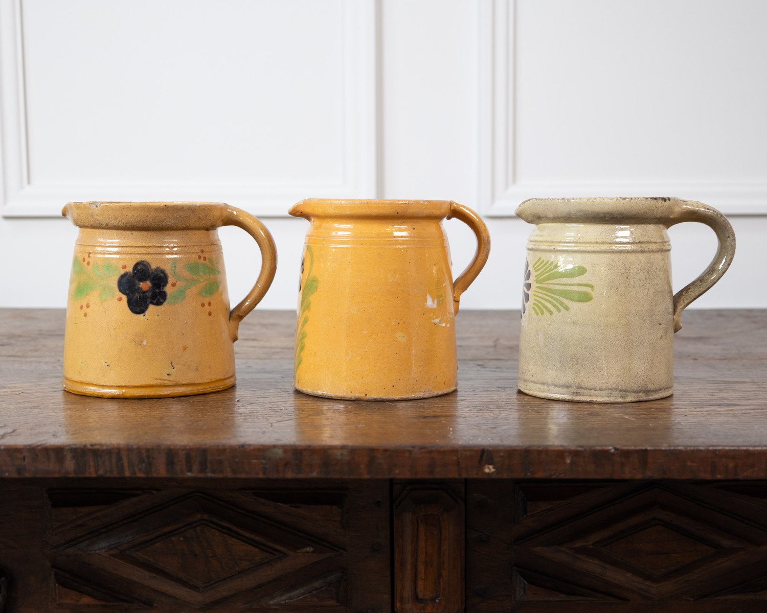 French 19th Century Terracotta Pottery Pitchers with Floral Décor - JAA