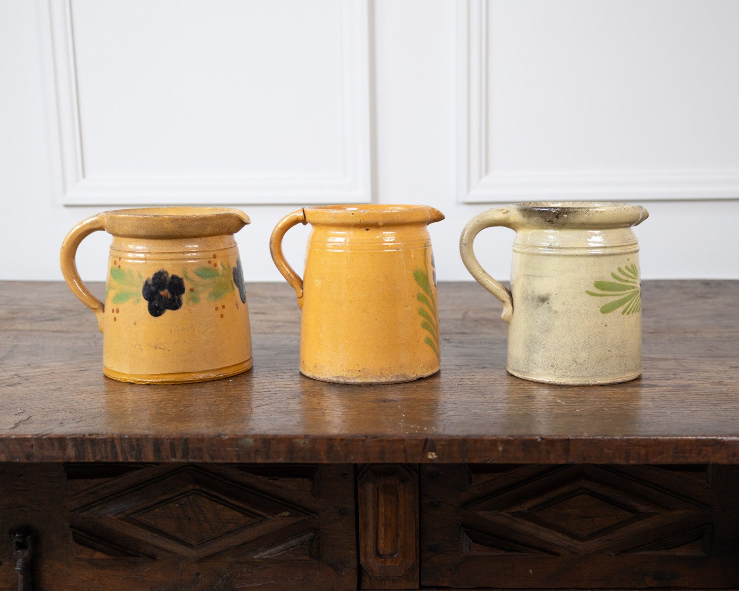 French 19th Century Terracotta Pottery Pitchers with Floral Décor - JAA