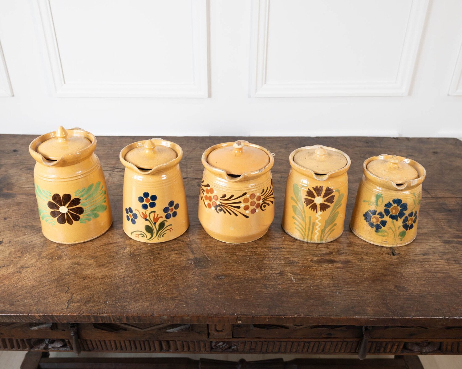 19th century French Glazed terracotta with hand-painted floral decoration and fitted lids. - JAA