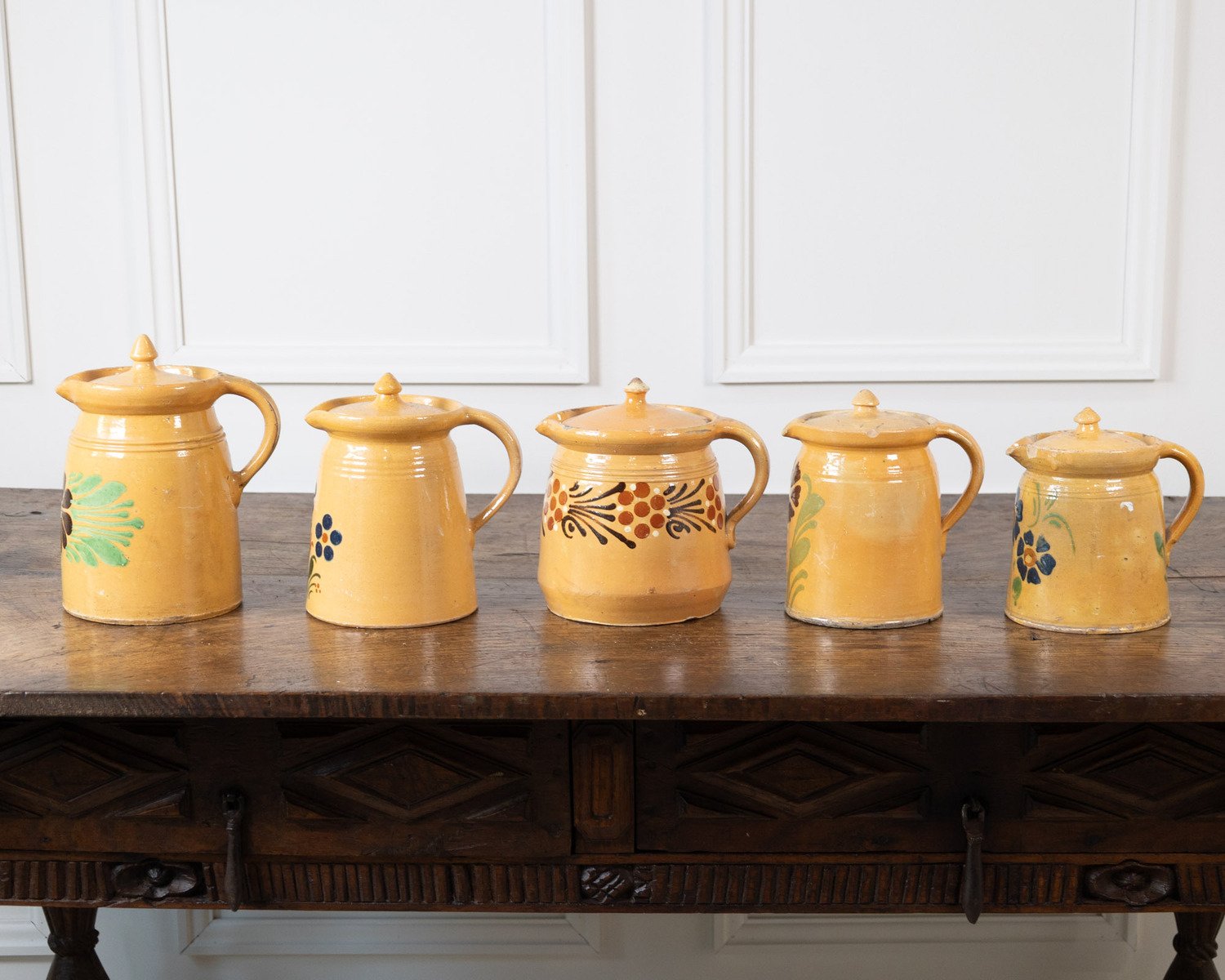19th century French Glazed terracotta with hand-painted floral decoration and fitted lids. - JAA