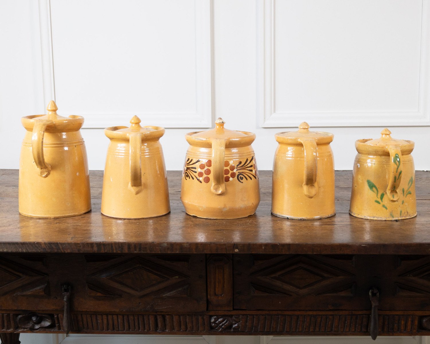 19th century French Glazed terracotta with hand-painted floral decoration and fitted lids. - JAA