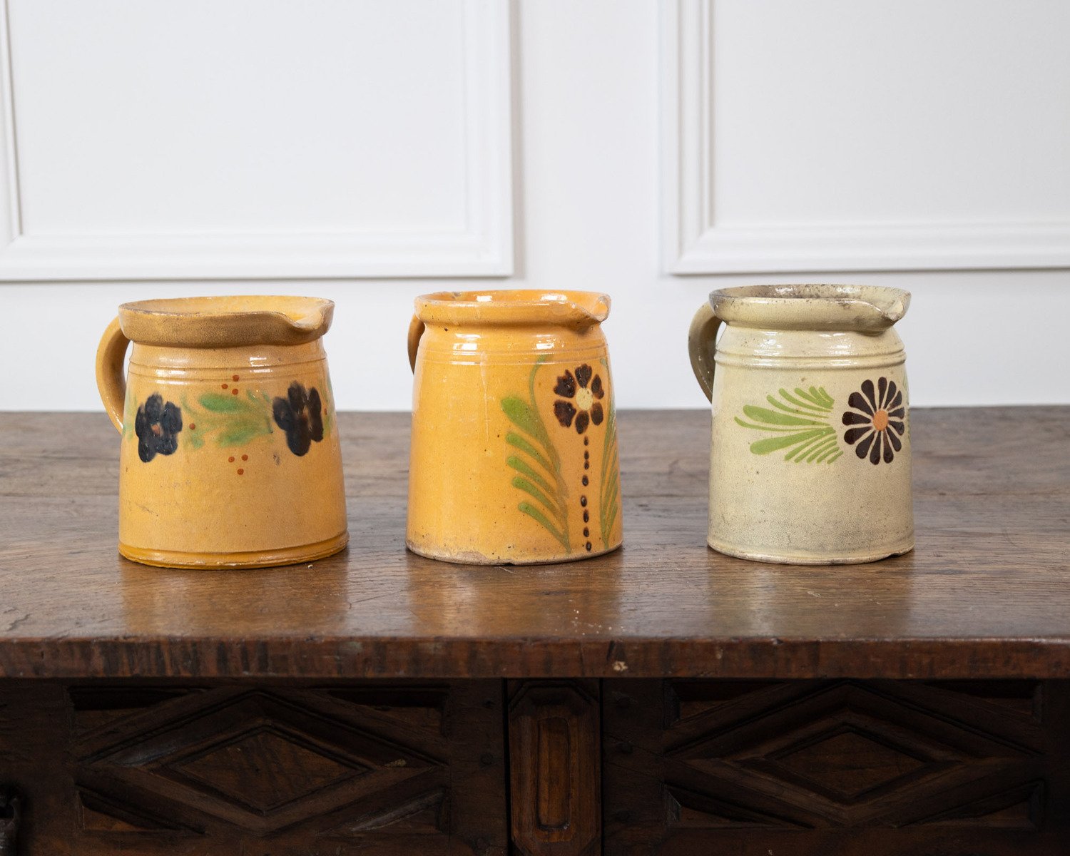 French 19th Century Terracotta Pottery Pitchers with Floral Décor - JAA