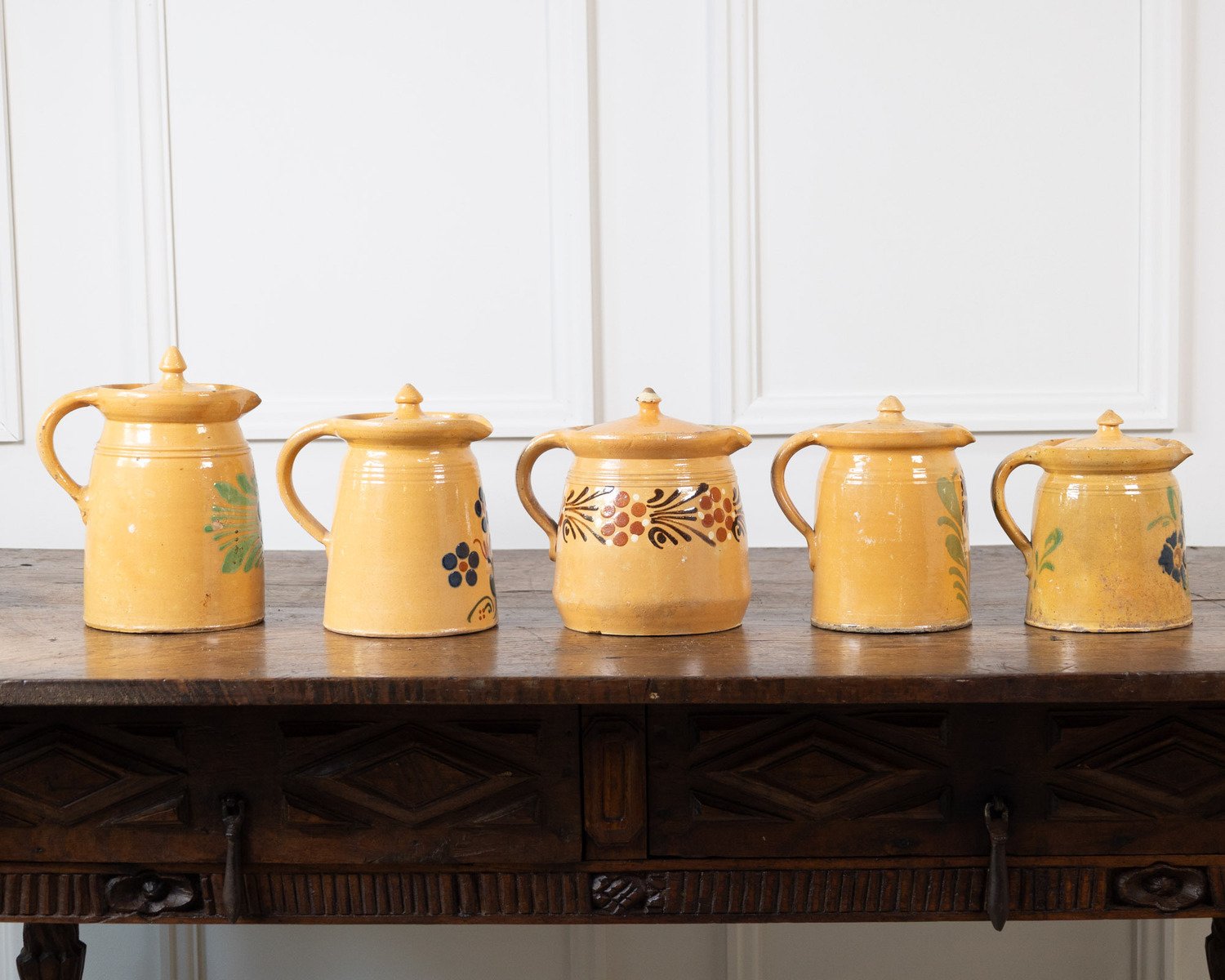 19th century French Glazed terracotta with hand-painted floral decoration and fitted lids. - JAA