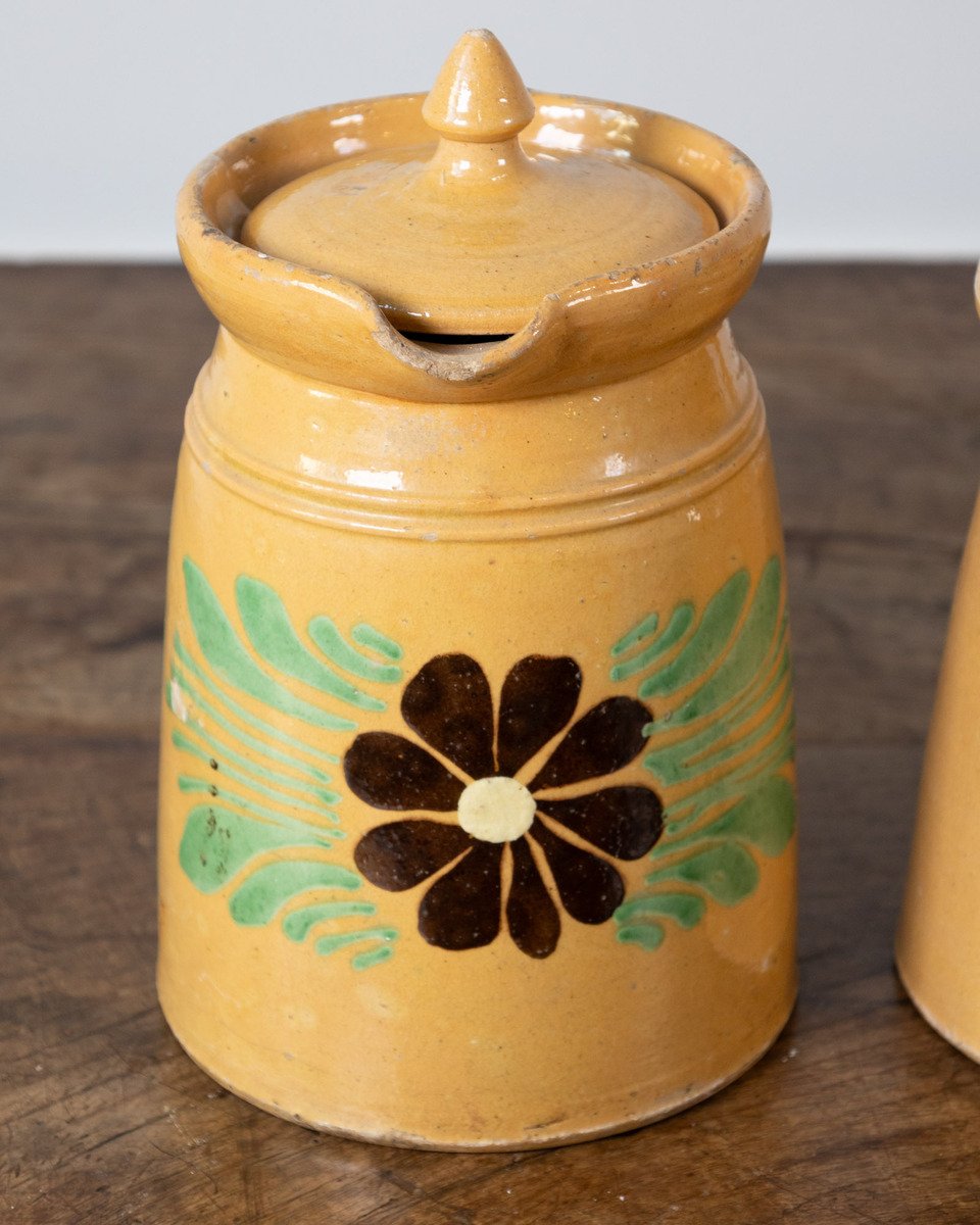 19th century French Glazed terracotta with hand-painted floral decoration and fitted lids. - JAA