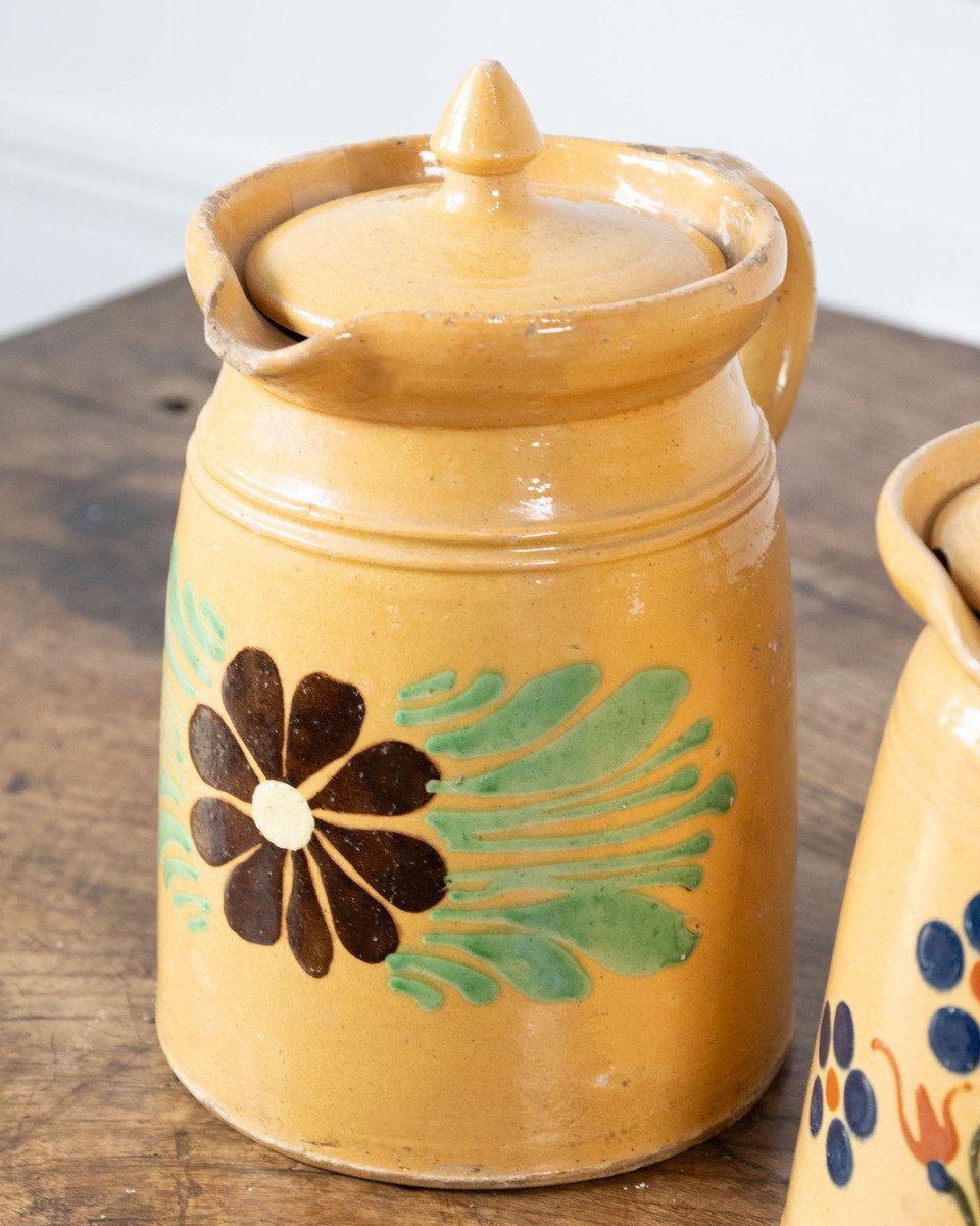 19th century French Glazed terracotta with hand-painted floral decoration and fitted lids. - JAA
