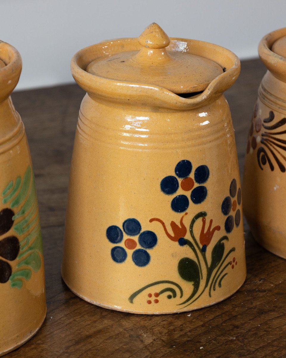 19th century French Glazed terracotta with hand-painted floral decoration and fitted lids. - JAA