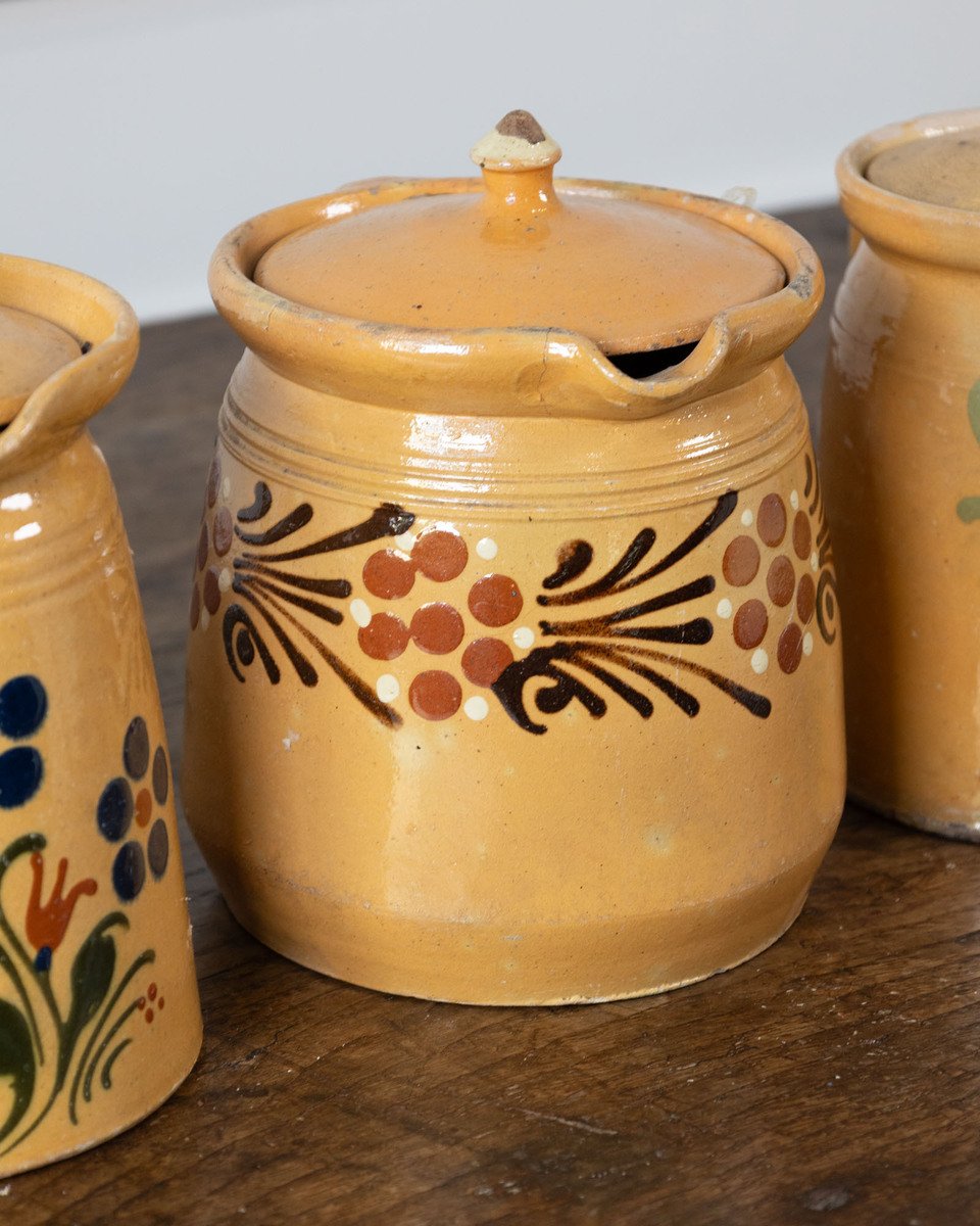 19th century French Glazed terracotta with hand-painted floral decoration and fitted lids. - JAA