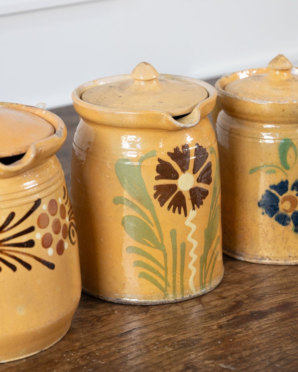 19th century French Glazed terracotta with hand-painted floral decoration and fitted lids. - JAA