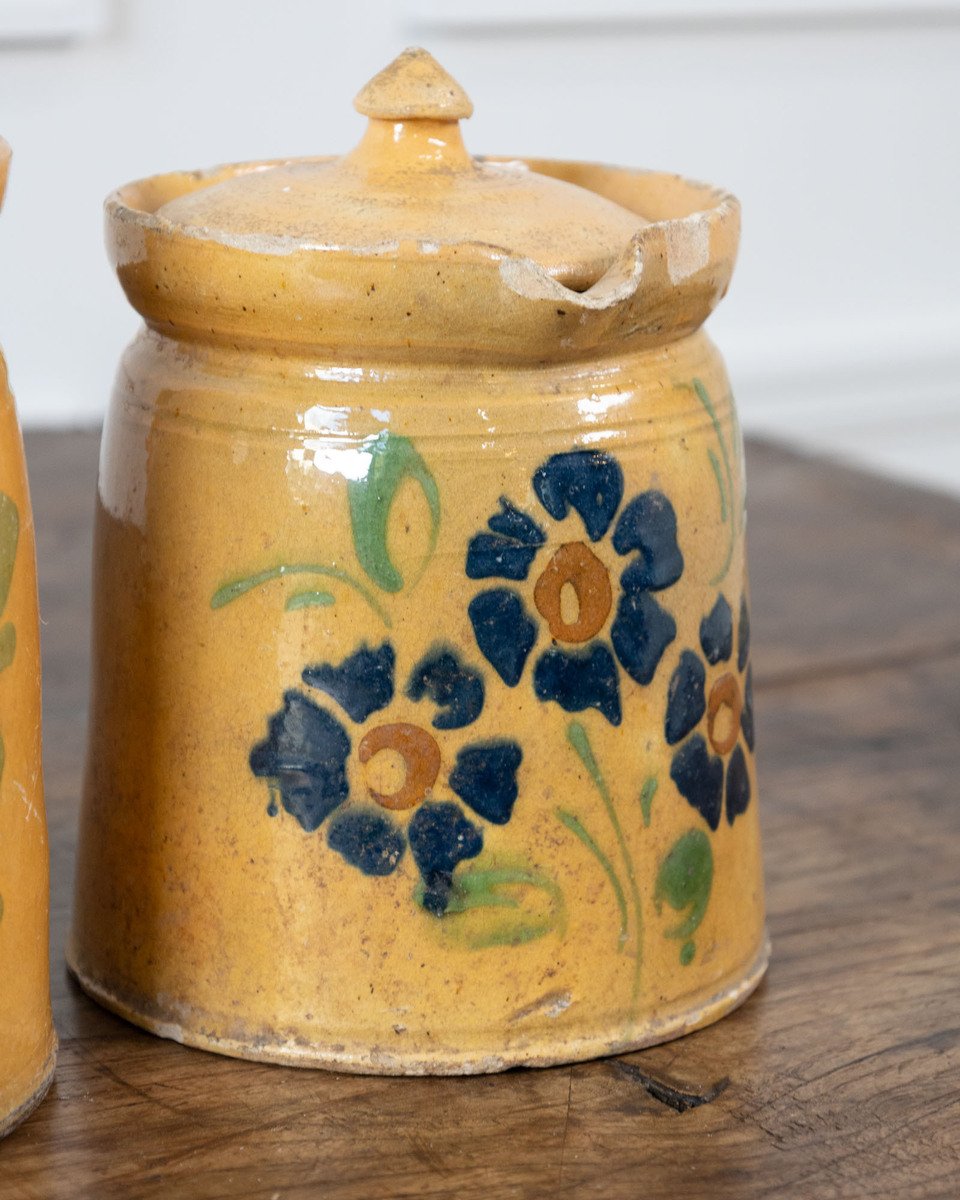 19th century French Glazed terracotta with hand-painted floral decoration and fitted lids. - JAA