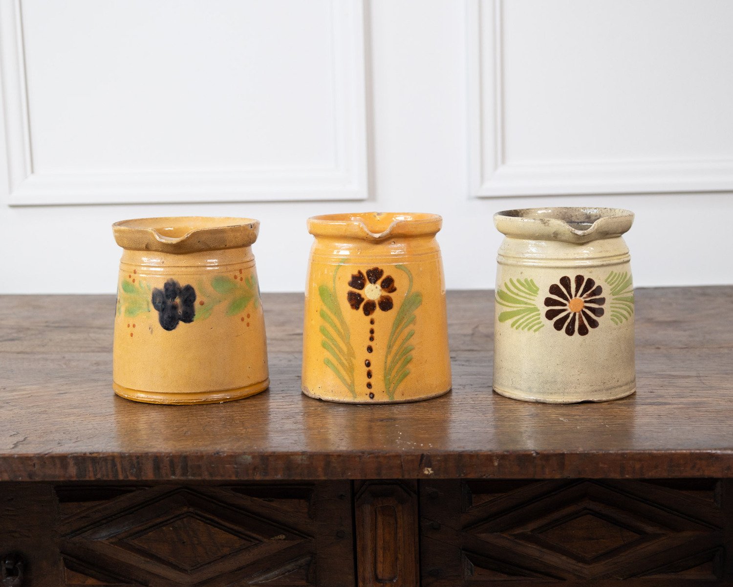 French 19th Century Terracotta Pottery Pitchers with Floral Décor - JAA