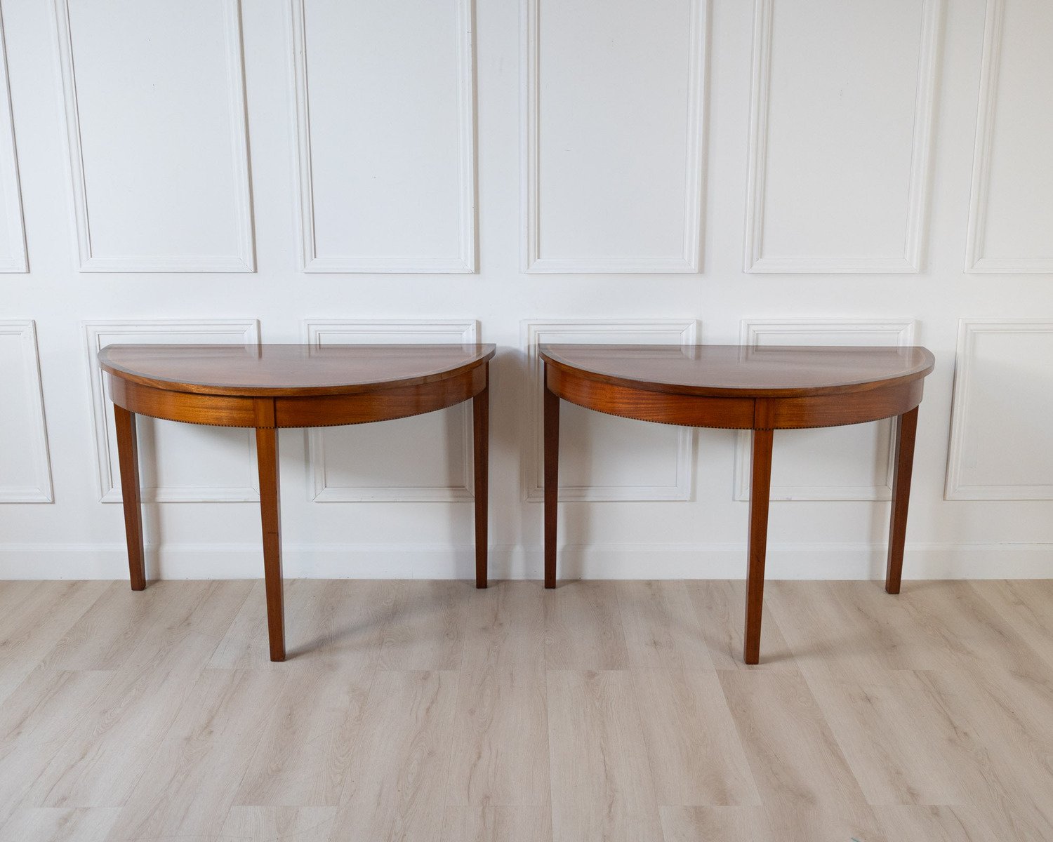 Pair of Regency Style Mahogany Demilune Console Tables with Rosewood and Satinwood Crossbanding - JAA