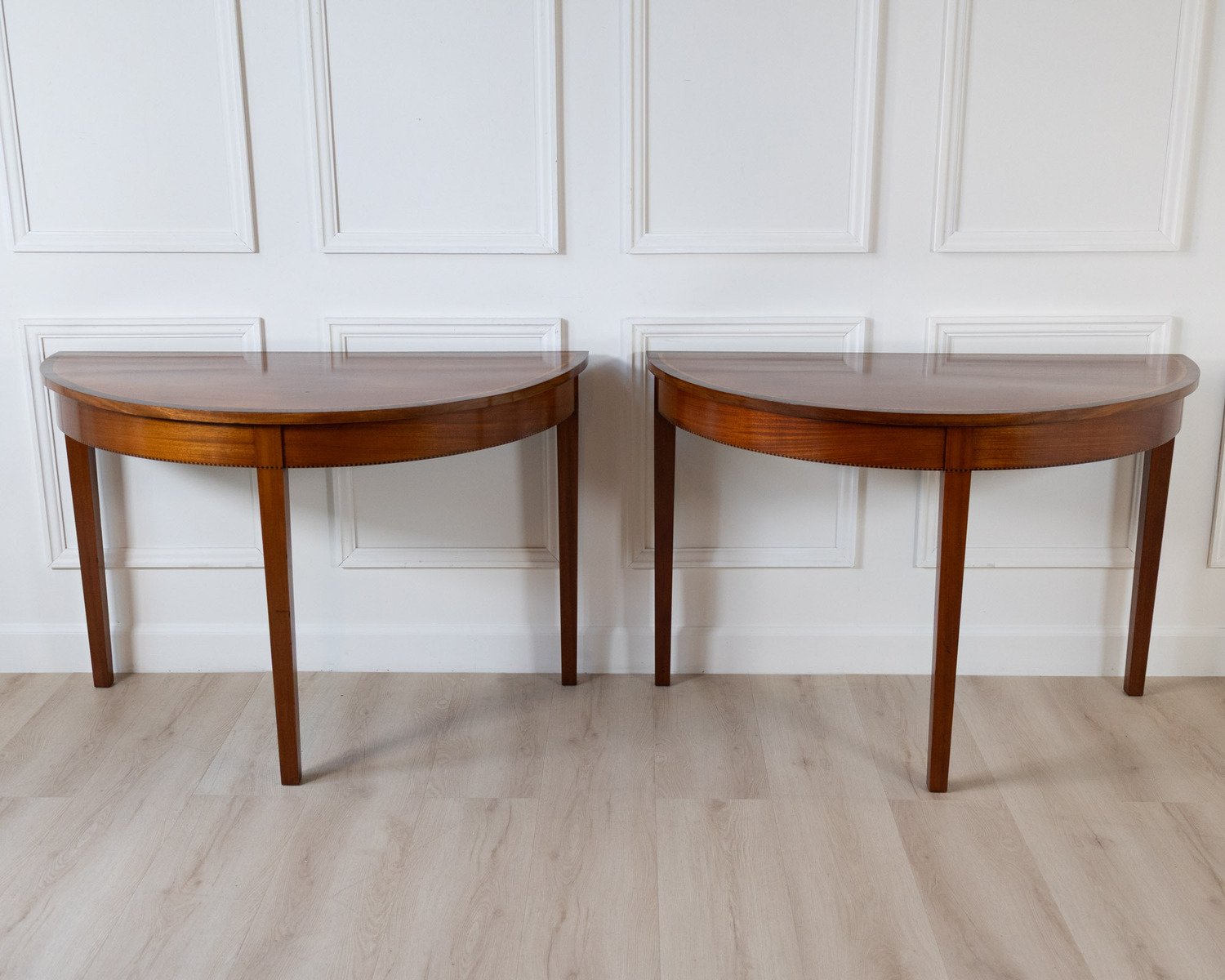 Pair of Regency Style Mahogany Demilune Console Tables with Rosewood and Satinwood Crossbanding - JAA
