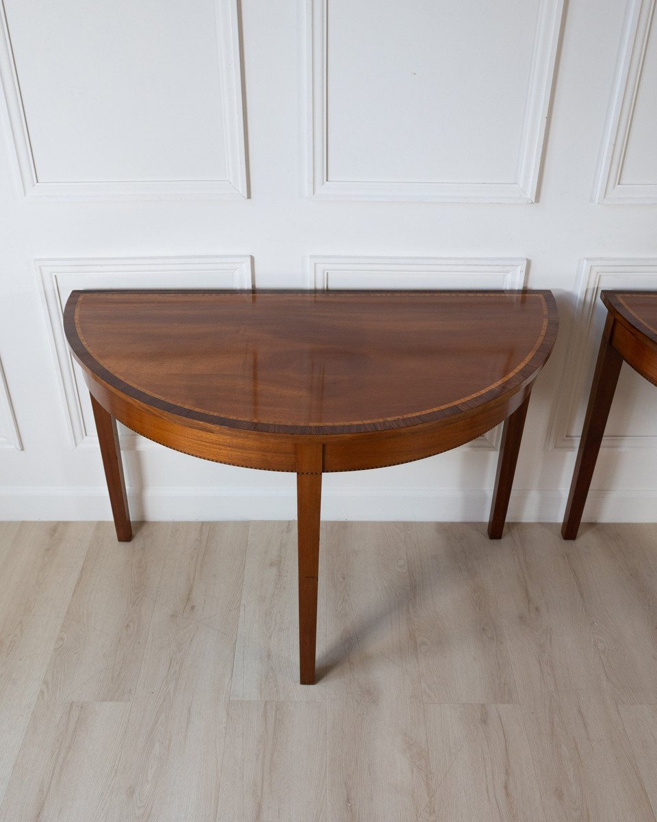 Pair of Regency Style Mahogany Demilune Console Tables with Rosewood and Satinwood Crossbanding - JAA