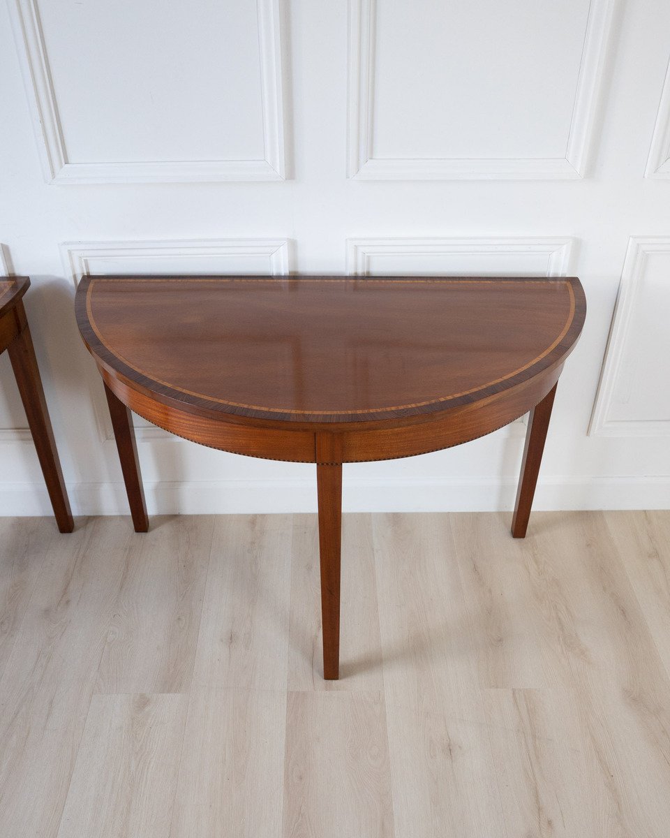 Pair of Regency Style Mahogany Demilune Console Tables with Rosewood and Satinwood Crossbanding - JAA