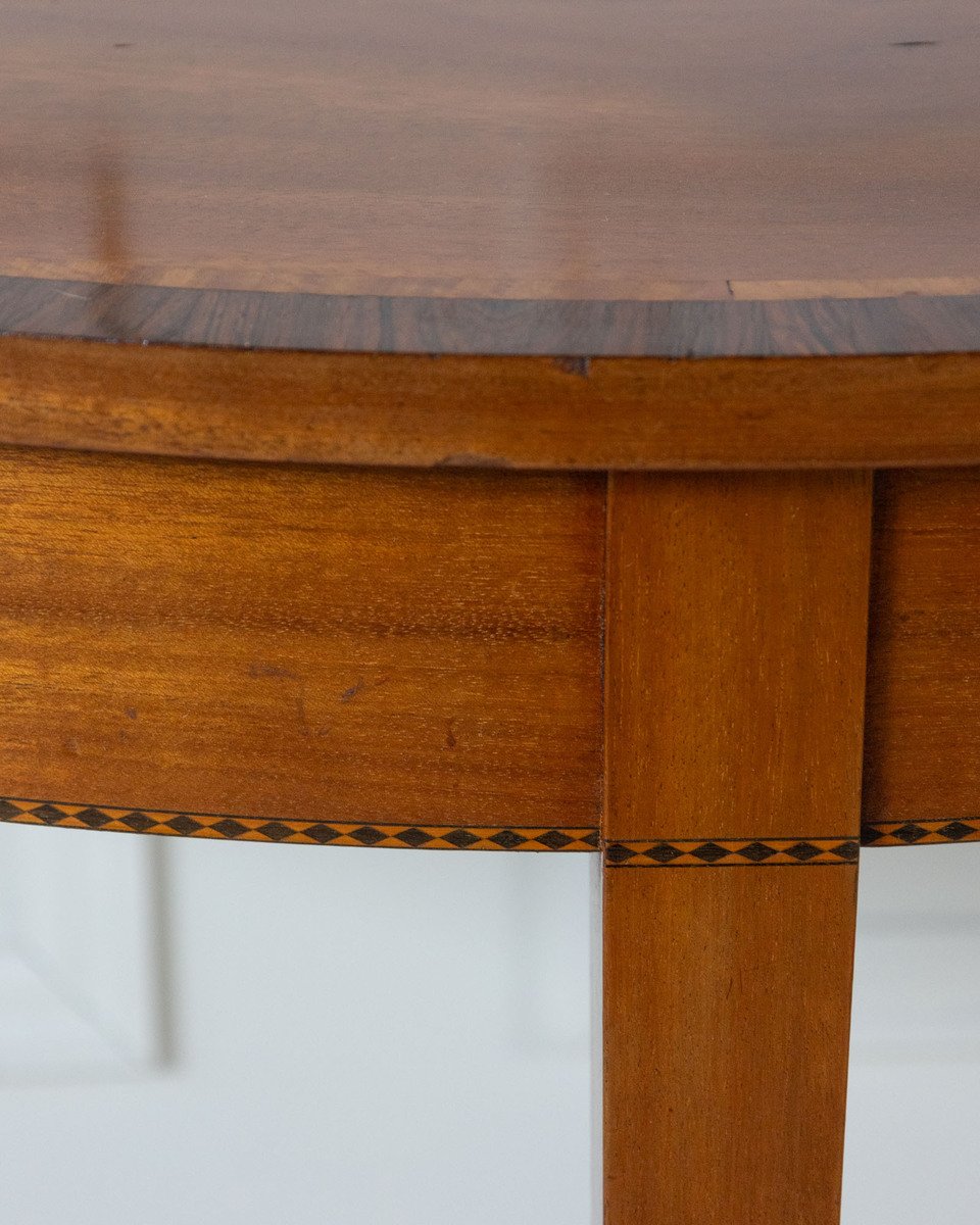 Pair of Regency Style Mahogany Demilune Console Tables with Rosewood and Satinwood Crossbanding - JAA