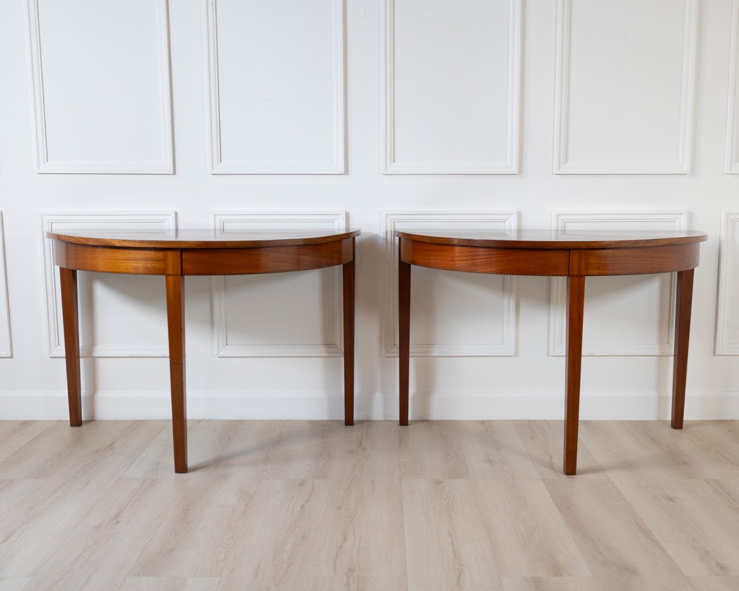 Pair of Regency Style Mahogany Demilune Console Tables with Rosewood and Satinwood Crossbanding - JAA