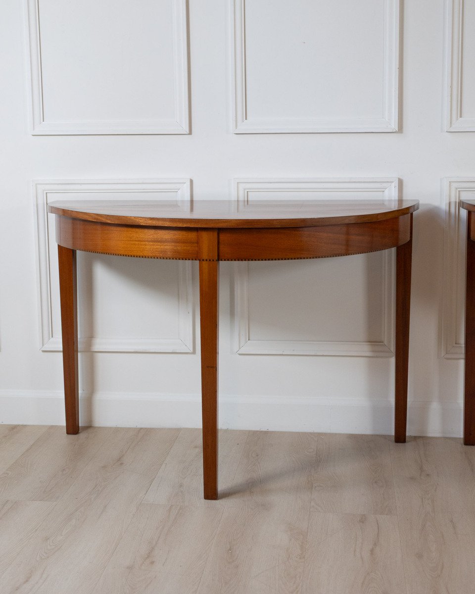 Pair of Regency Style Mahogany Demilune Console Tables with Rosewood and Satinwood Crossbanding - JAA
