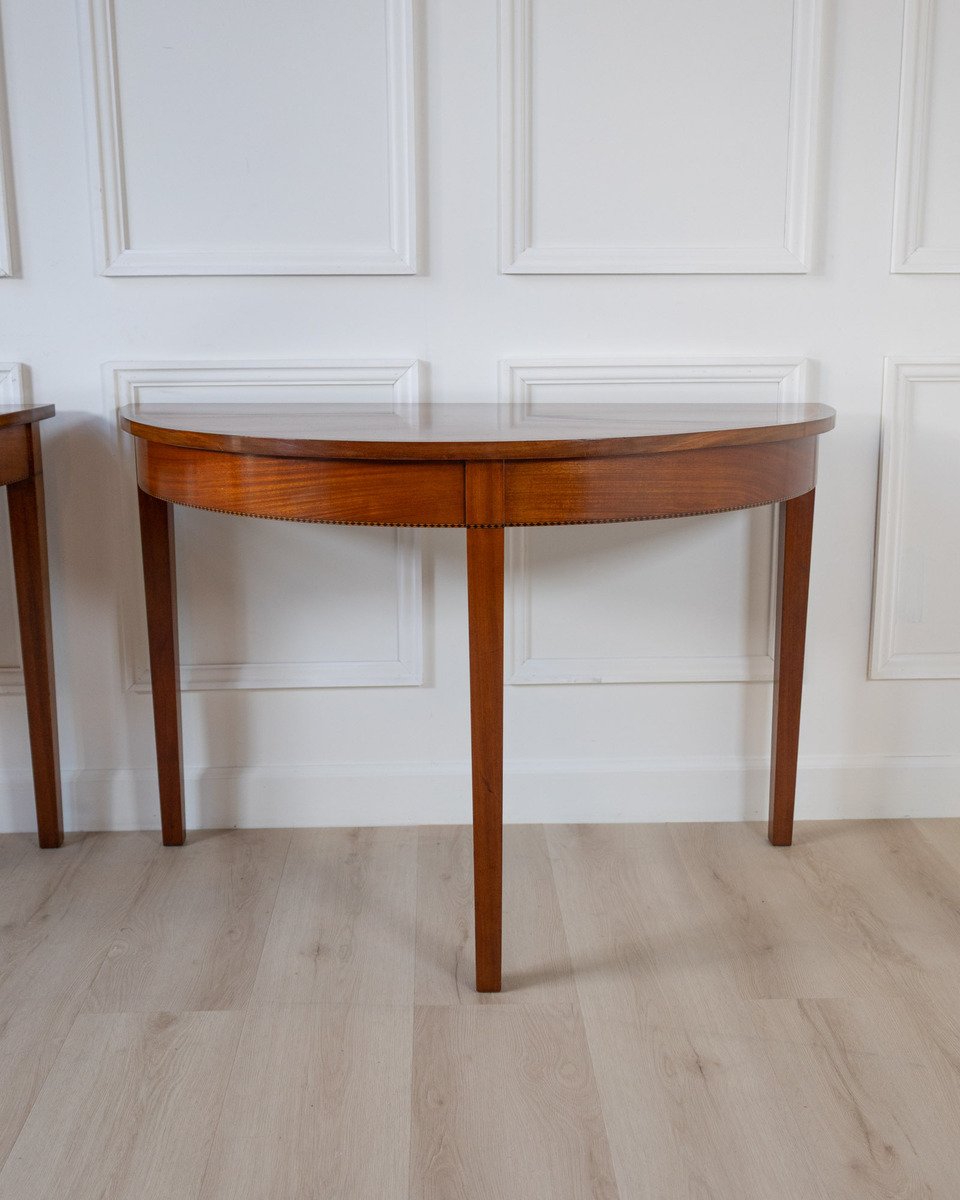 Pair of Regency Style Mahogany Demilune Console Tables with Rosewood and Satinwood Crossbanding - JAA