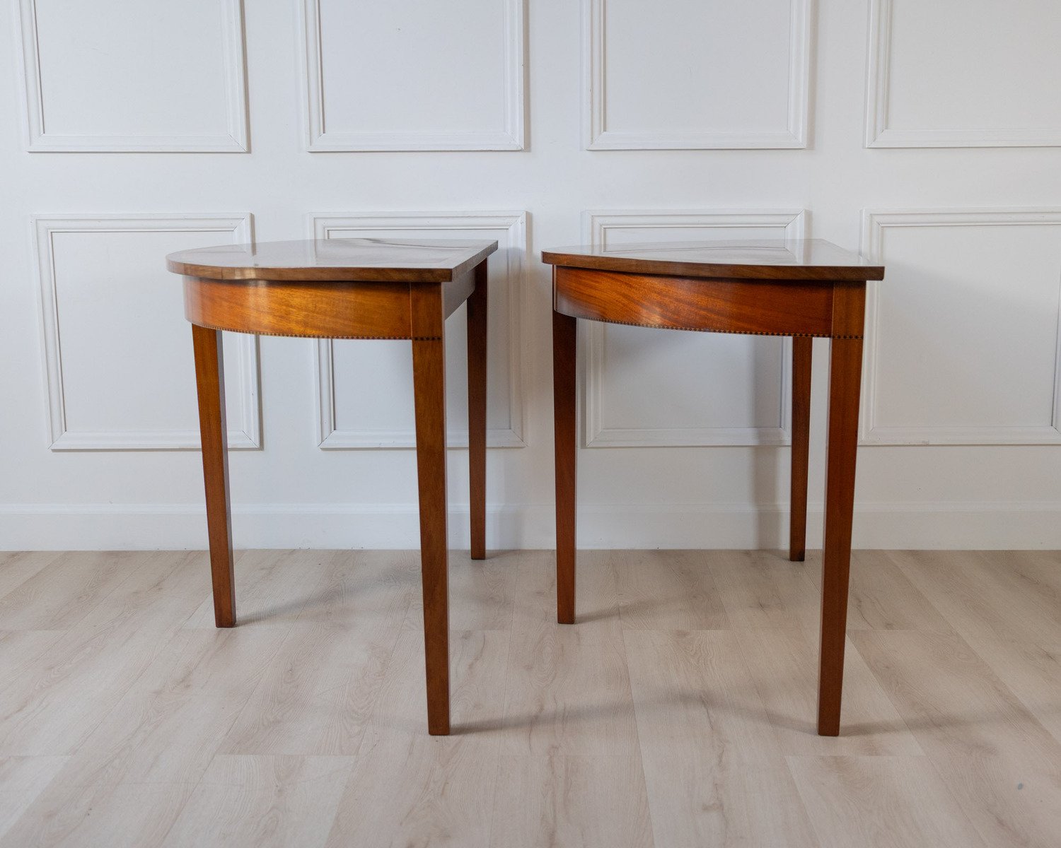 Pair of Regency Style Mahogany Demilune Console Tables with Rosewood and Satinwood Crossbanding - JAA