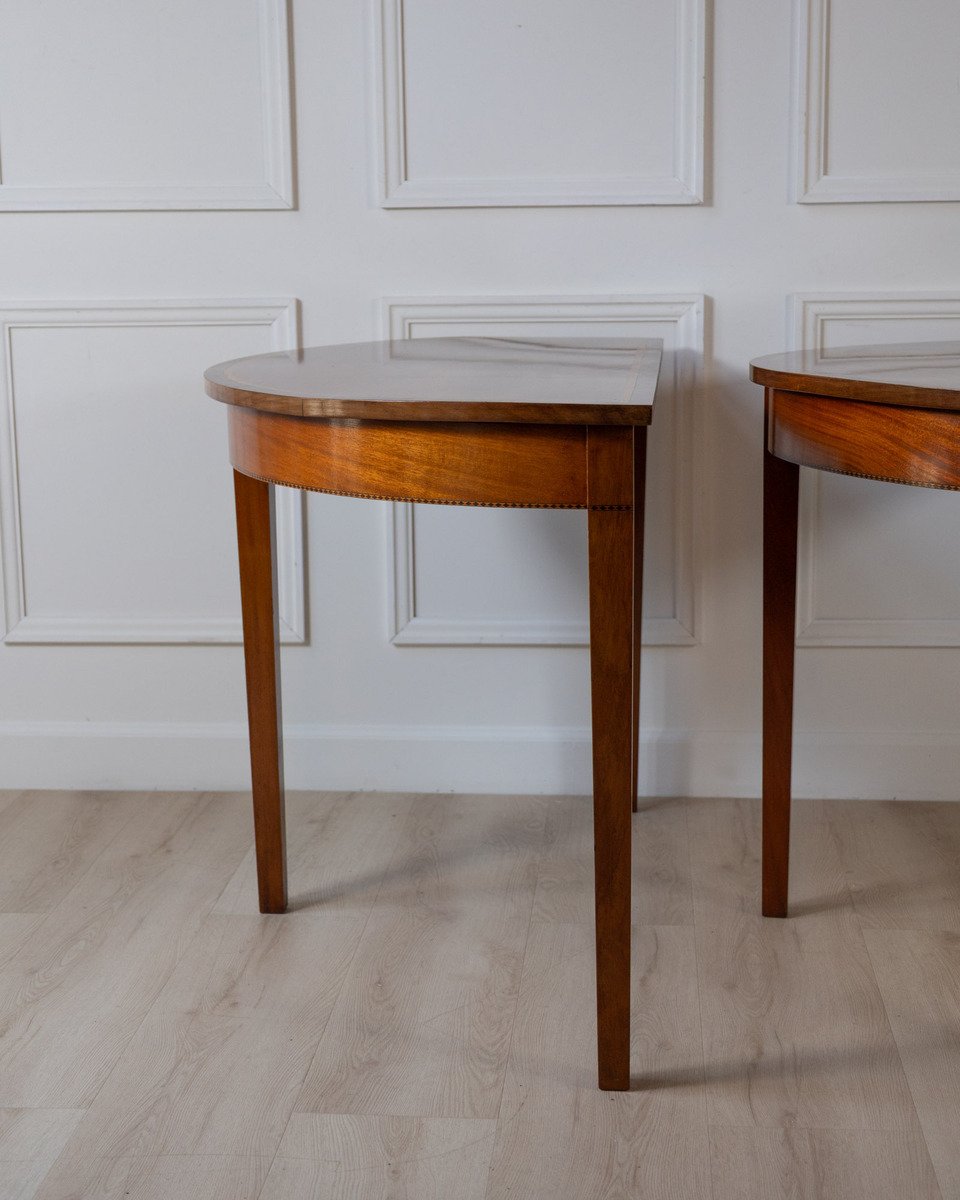 Pair of Regency Style Mahogany Demilune Console Tables with Rosewood and Satinwood Crossbanding - JAA