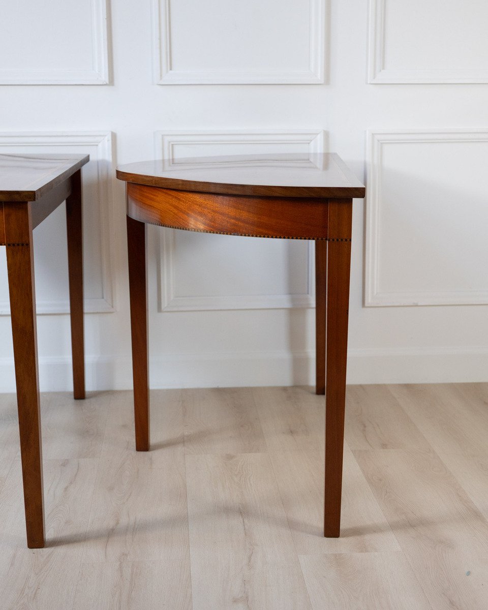 Pair of Regency Style Mahogany Demilune Console Tables with Rosewood and Satinwood Crossbanding - JAA