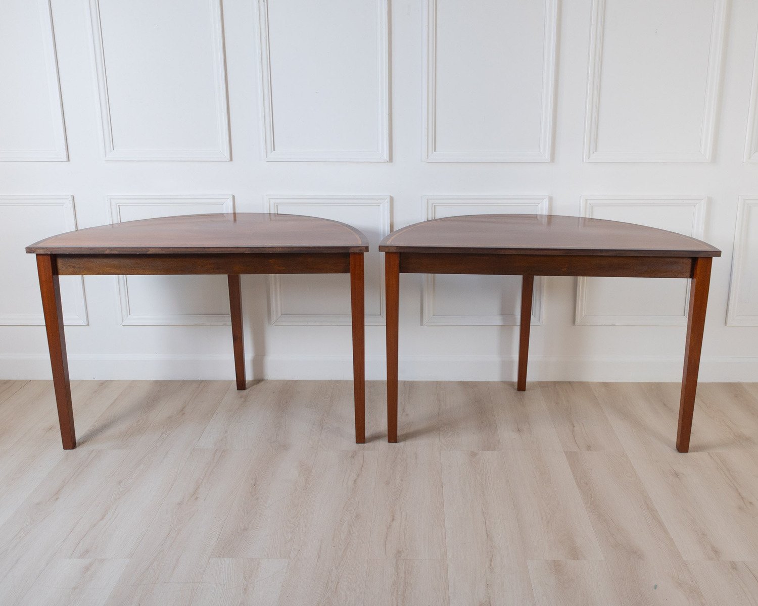 Pair of Regency Style Mahogany Demilune Console Tables with Rosewood and Satinwood Crossbanding - JAA