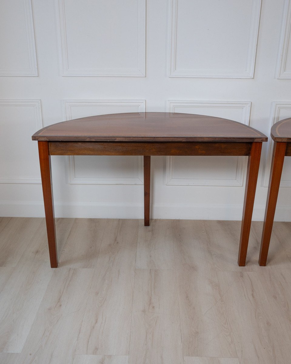 Pair of Regency Style Mahogany Demilune Console Tables with Rosewood and Satinwood Crossbanding - JAA