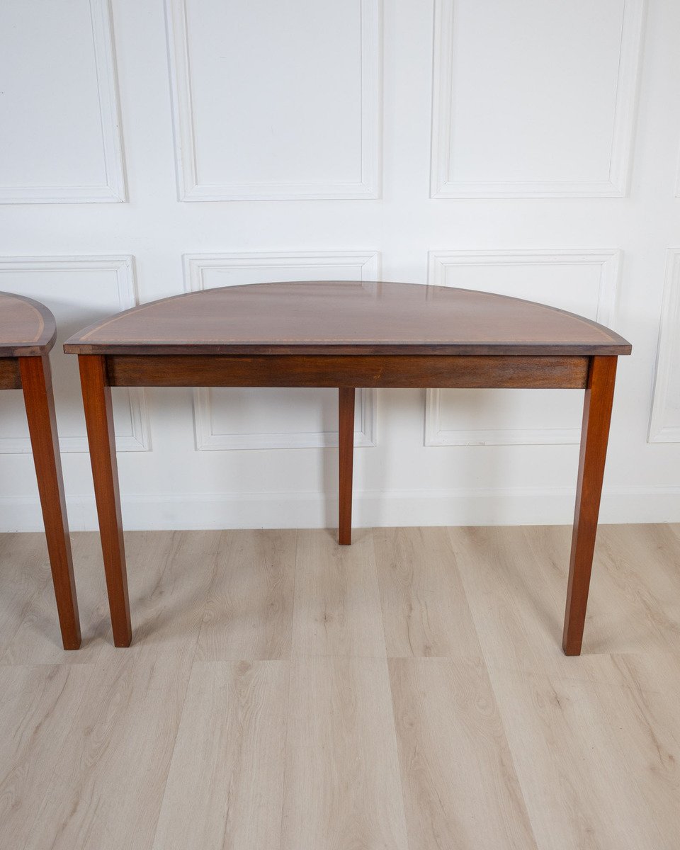 Pair of Regency Style Mahogany Demilune Console Tables with Rosewood and Satinwood Crossbanding - JAA