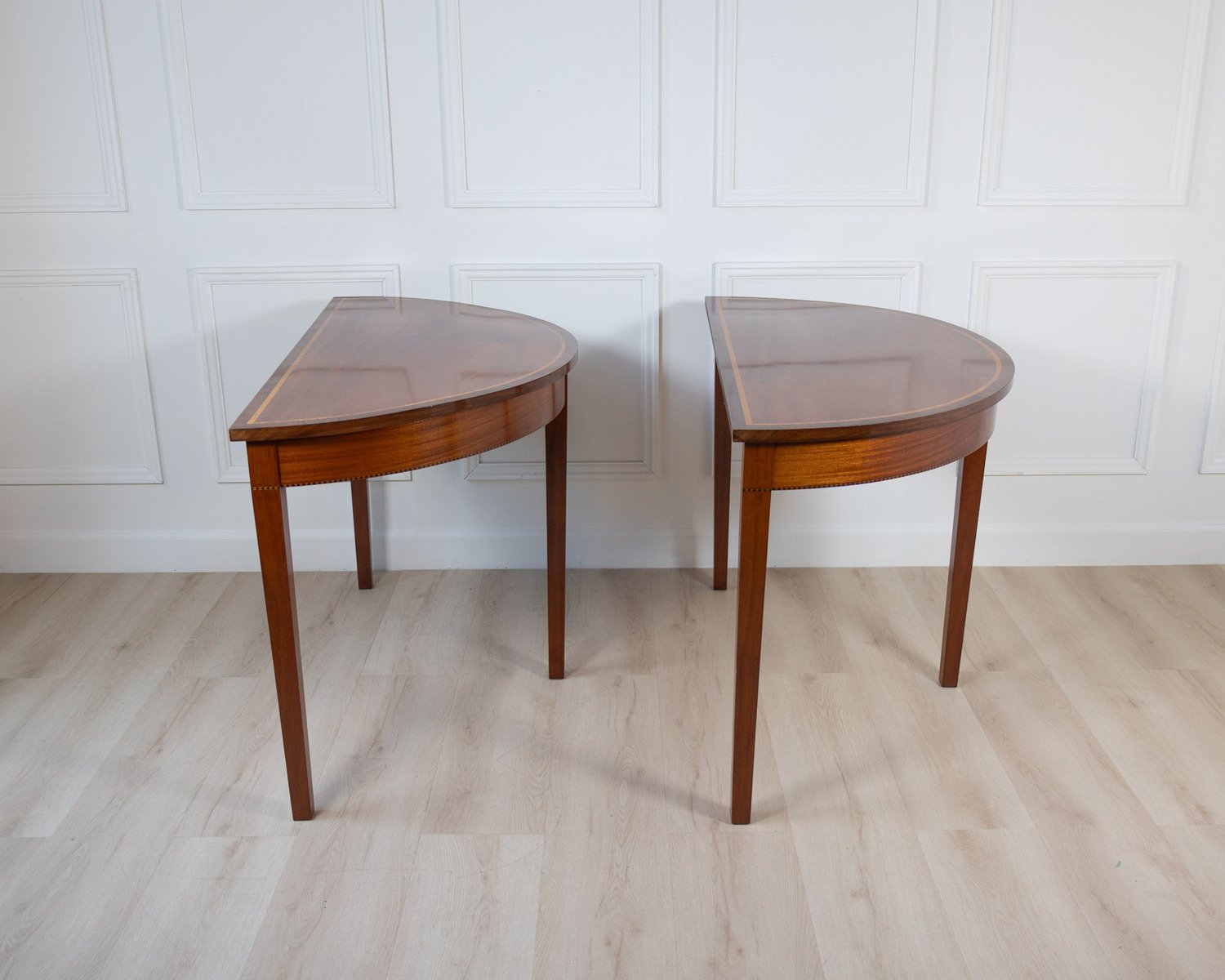Pair of Regency Style Mahogany Demilune Console Tables with Rosewood and Satinwood Crossbanding - JAA