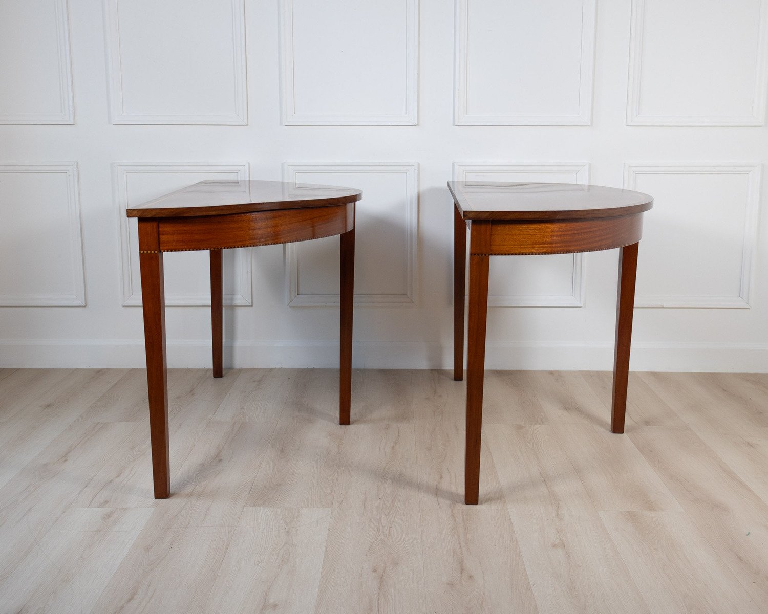 Pair of Regency Style Mahogany Demilune Console Tables with Rosewood and Satinwood Crossbanding - JAA