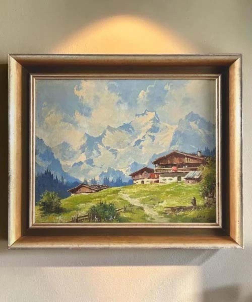 Alpine Chalet Beneath the Peaks, Oil on Canvas, Karger, circa 1950 - JAA