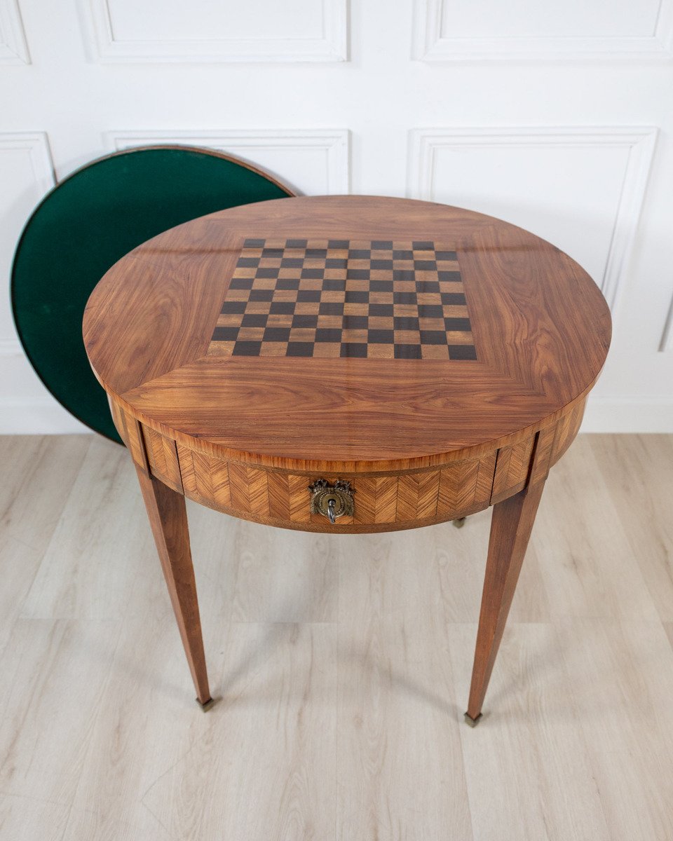 French Marquetry Gueridon Games Table with Reversible Chessboard Top - JAA