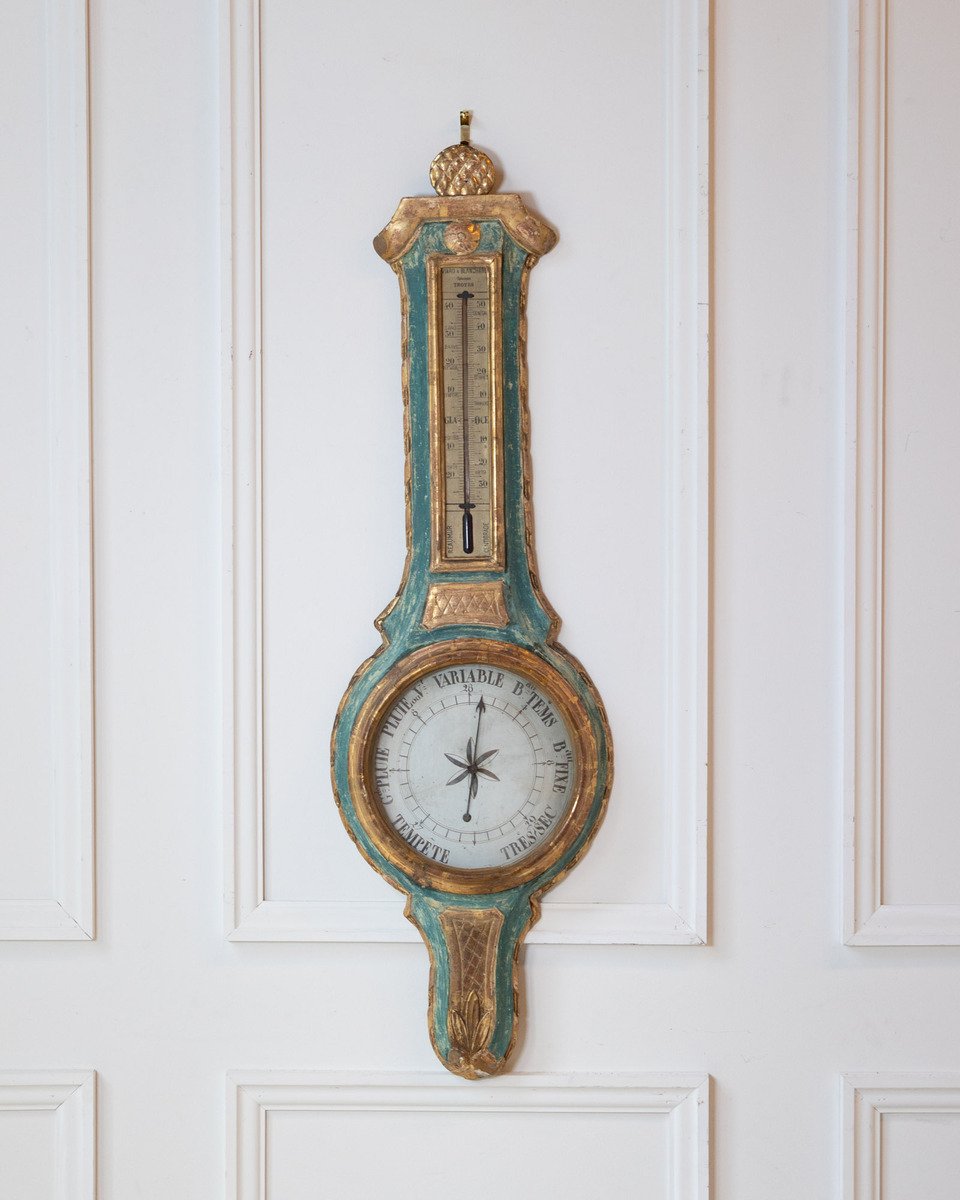Louis XVI Painted and Gilded Barometer and Thermometer by Viard and Blanchard, 18th Century - JAA