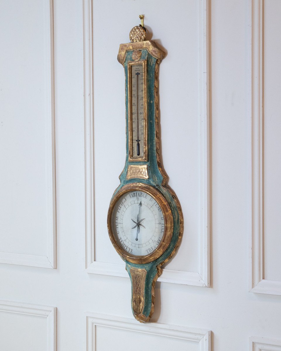 Louis XVI Painted and Gilded Barometer and Thermometer by Viard and Blanchard, 18th Century - JAA