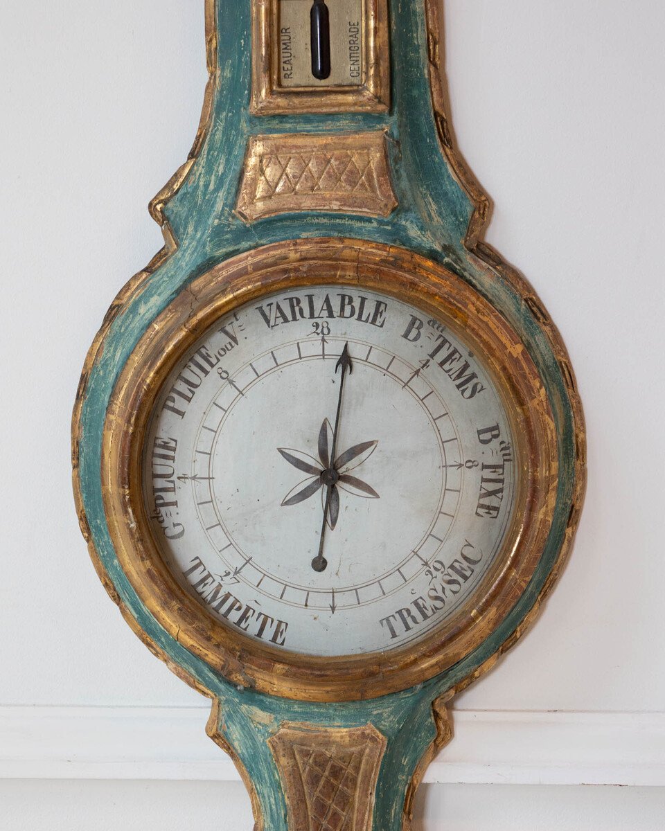 Louis XVI Painted and Gilded Barometer and Thermometer by Viard and Blanchard, 18th Century - JAA